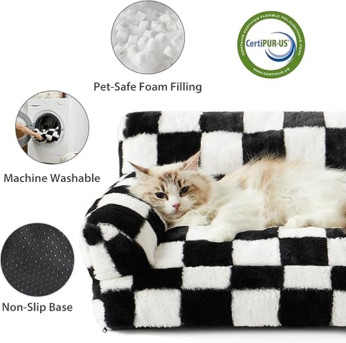 Miniatura 4 de BFPETHOME Sofá cama para gatos y perros, sofá para mascotas pequeñas, bonito sofá para gatos, cama para perros a cuadros con funda lavable (negro y