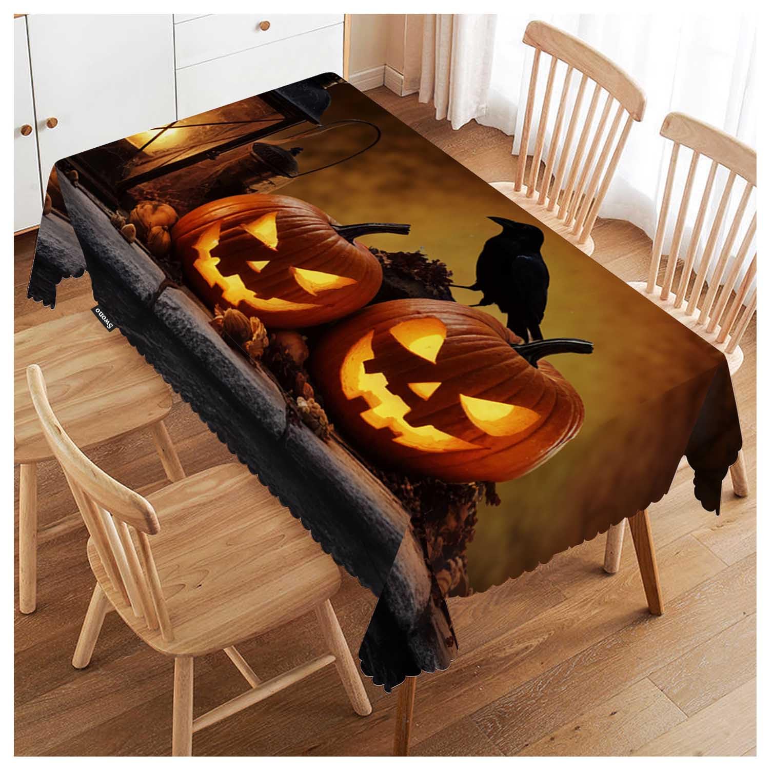 FJQWKLF Halloween Tablecloths Halloween Pumpkin Scary Bird Old Wooden Kitchen Dinning Tabletop Decoration, Polyester Table Cover for Indoor Outdoor 50x72 Inch Tablecloth