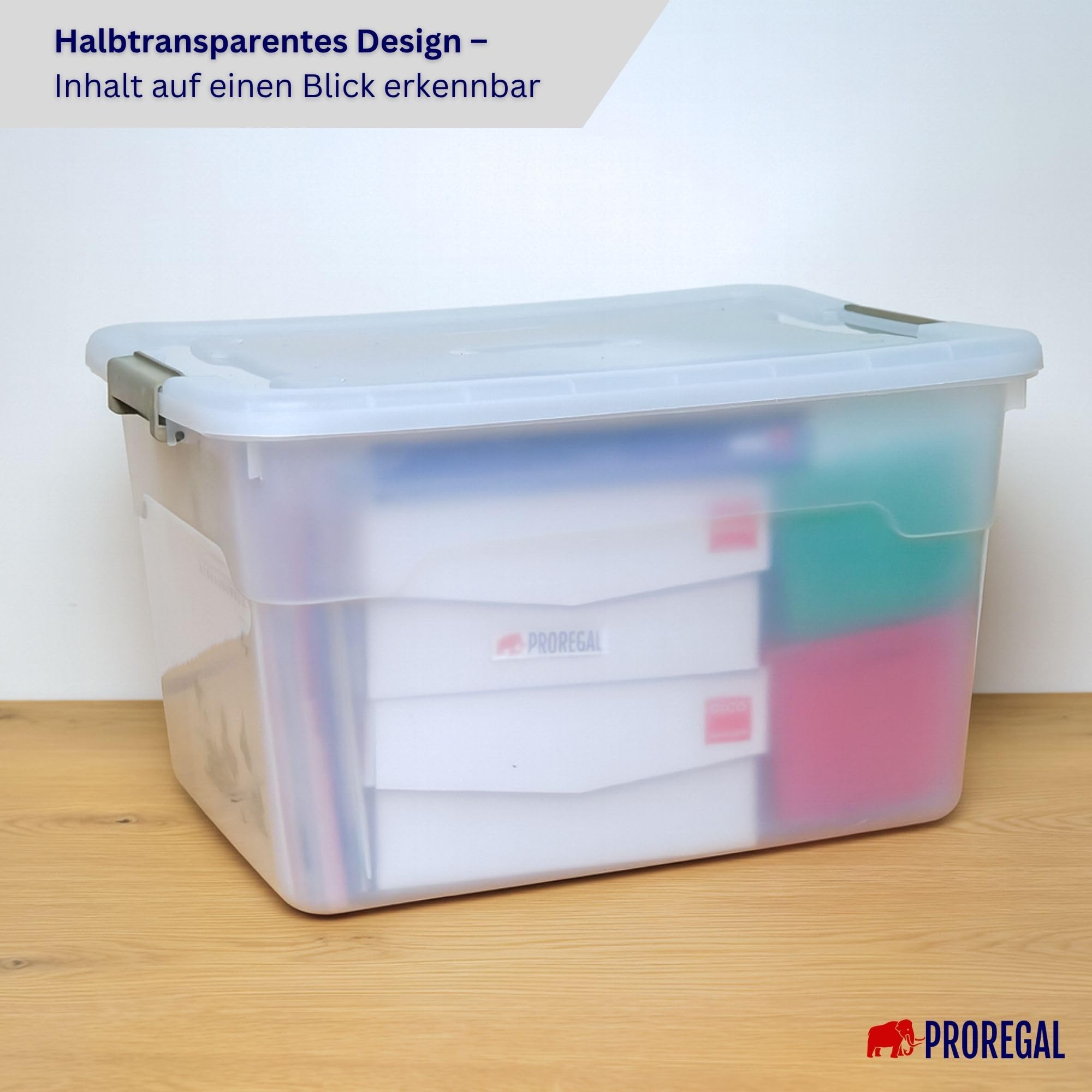PROREGAL Aufbewahrungsbox mit Deckel 60L im 4er Set, Extra Groß, Rollen, Plastikbox transparent stapelbar, Kunststoffbox Verschlussclips, Stapelbox Kunststoff, Aufbewahrungsbehälter für Küche Haushalt