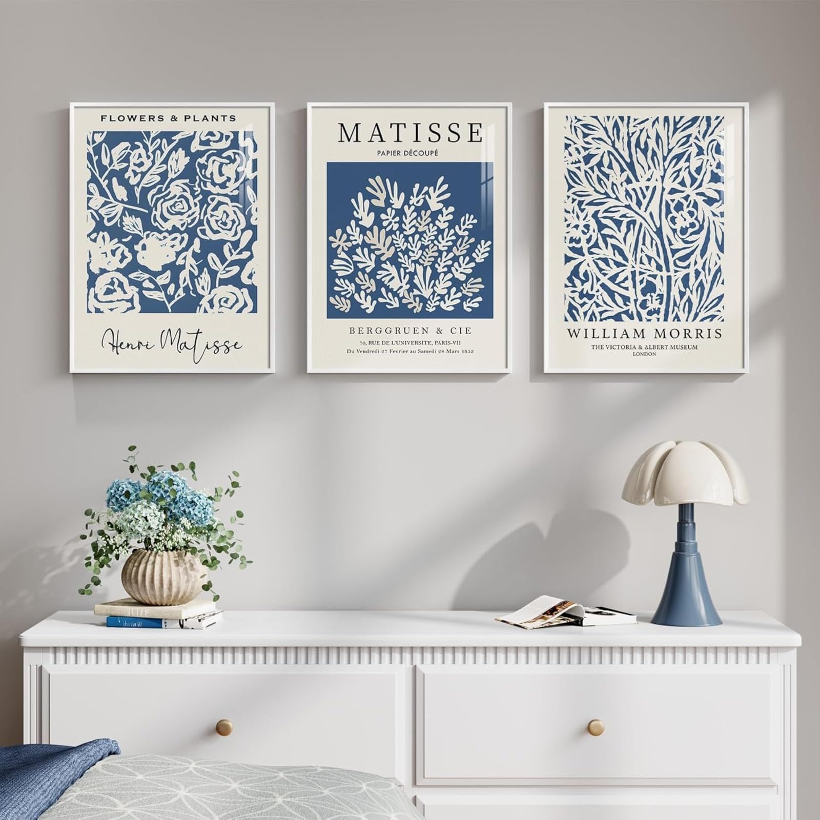 JORCEDI Set of 3 Posters,Abstract Matisse Canvas Wall Art Prints,Matisse Blue Poster,Blue Flower Wall Art,for Modern Home, Office, Living Room, Bedroom Decor,Unframed (30x40cm,Blue 3)