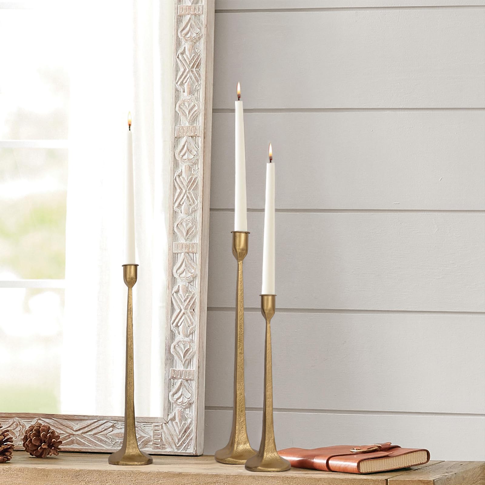 Set di 3 portacandele in ferro, alti e decorativi, per matrimoni, tavolo da pranzo, decorazioni per feste (ottone anticato)