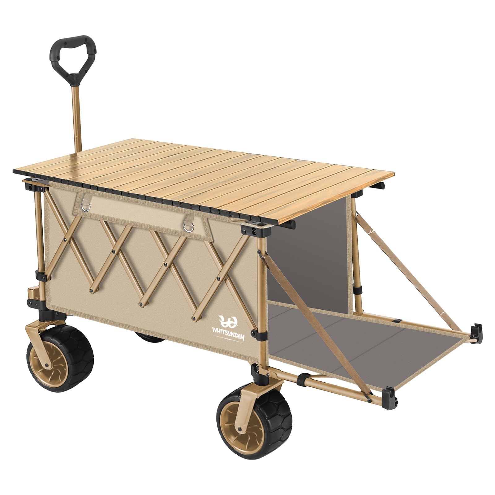 Whitsunday Collapsible Folding Wagon with Table,Heavy Duty Utility Beach Wagons with Opened Tailgate and All-Terrain Wheels for Camping,Garden,Sports Khaki