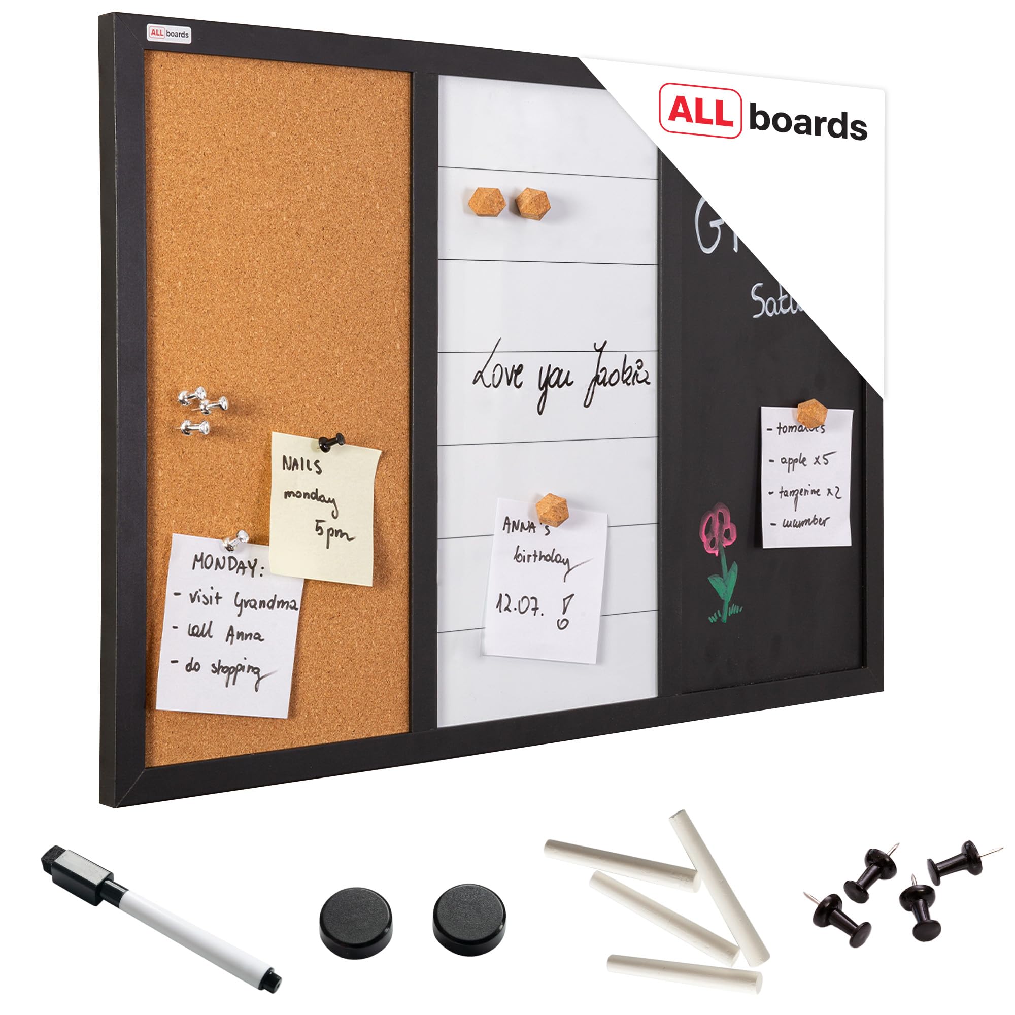 ALLboards Kombitafel 3-in-1 Combination Board: Dry Erase-Magnetic, Magnetic-Chalk, and Cork Board 60×40 cm — image 1