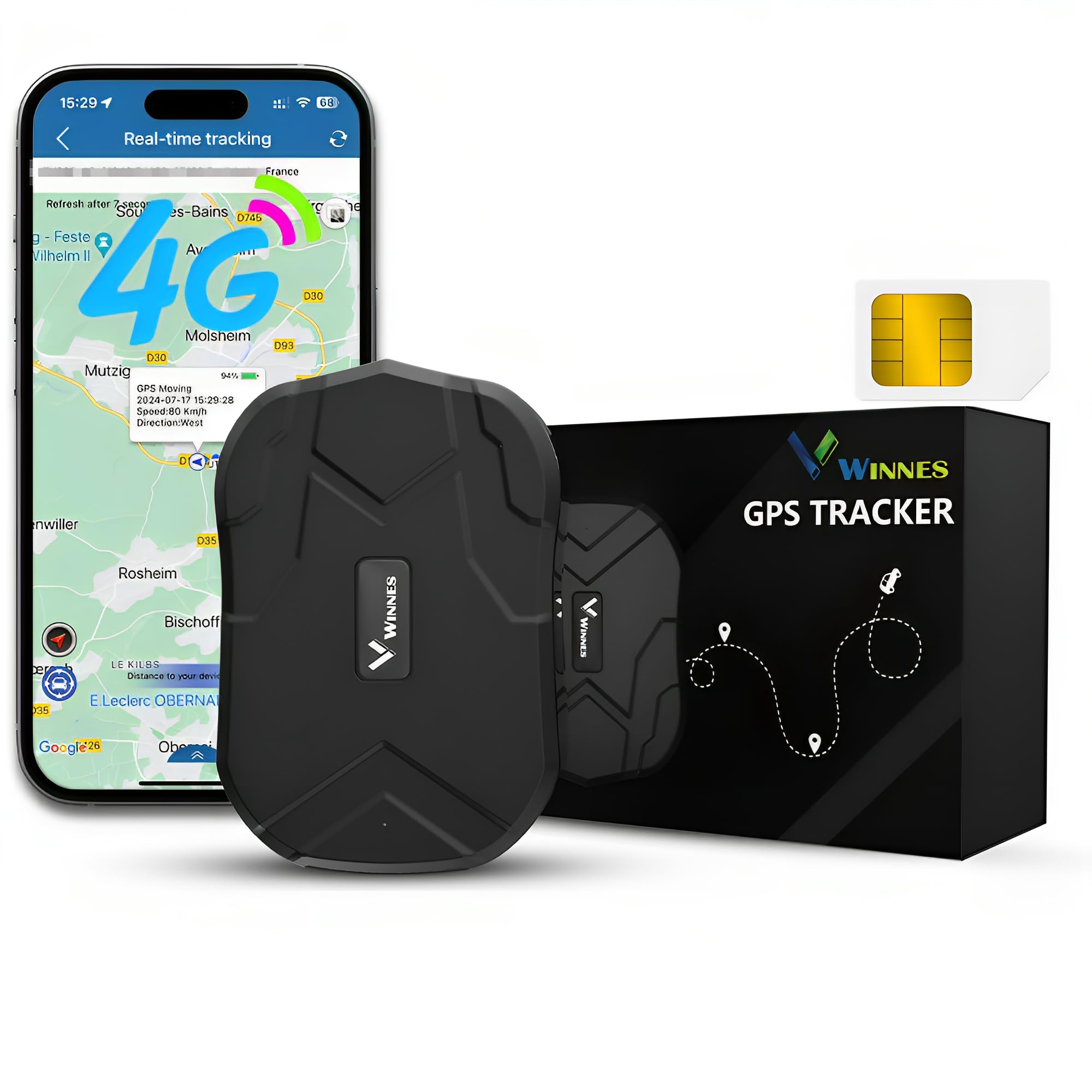 Winnes 4G GPS Tracker per Auto Localizzatore GPS con SIM Integrata Magnetico Batteria 20000mAh Impermeabile IP67 Anti-Furto,Geo-Fence,App Tracking in Tempo Reale,Basso Canone Mensile