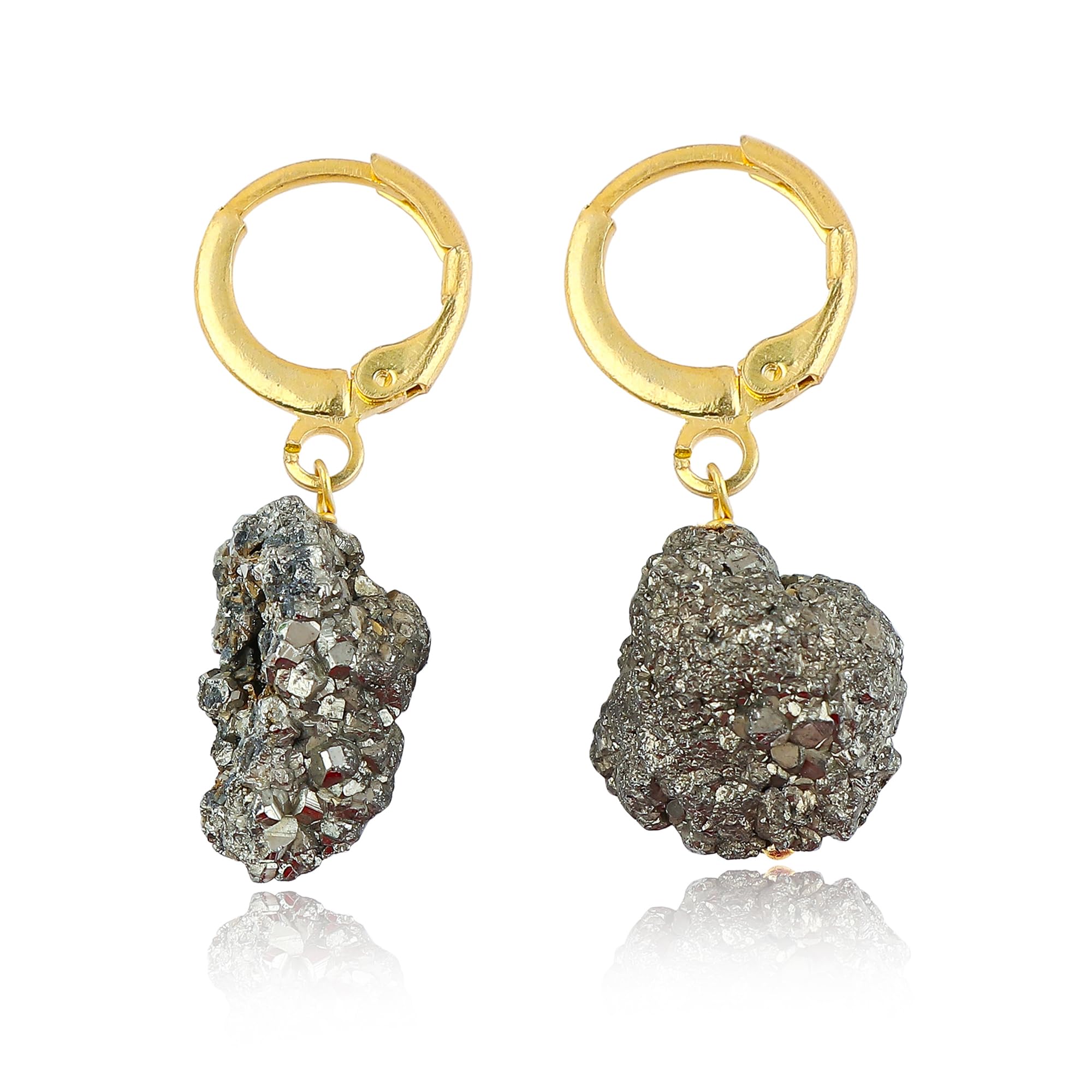 GEMSYMPHONYGemSymphony Raw Pyrite Gemstone Hoop Earrings – Natural Crystal Stone Dangle Earrings for Women – Hypoallergenic Gold Plated Small Hoops – Handmade Lightweight Statement Jewelry (Pyrite)