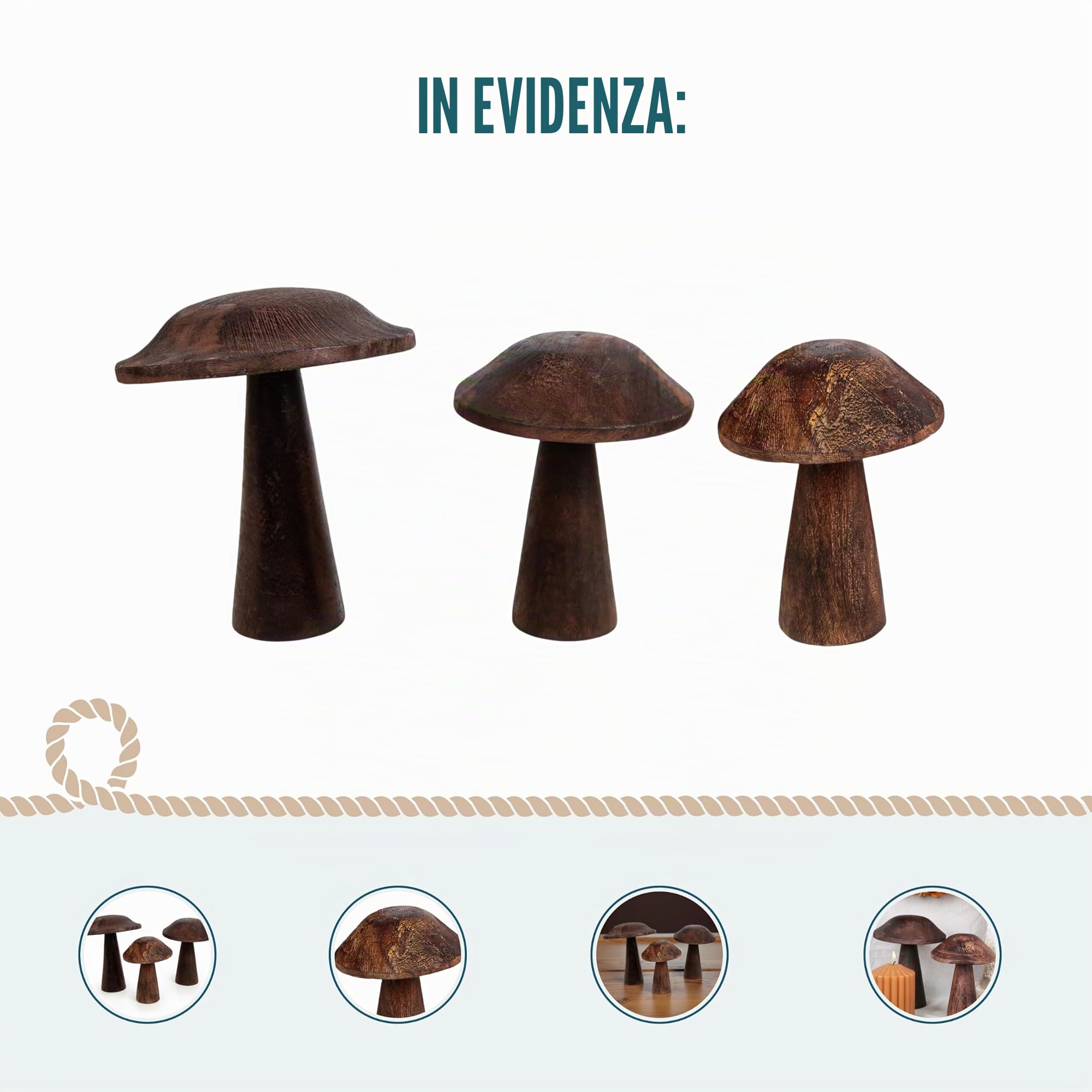 Funghi decorativi in legno, set 3 pezzi: decorazioni autunnali casa, addobbi autunno tavolo e finestra, ornamenti rustici interni, statuette naturale, centrotavola, 13-18 cm