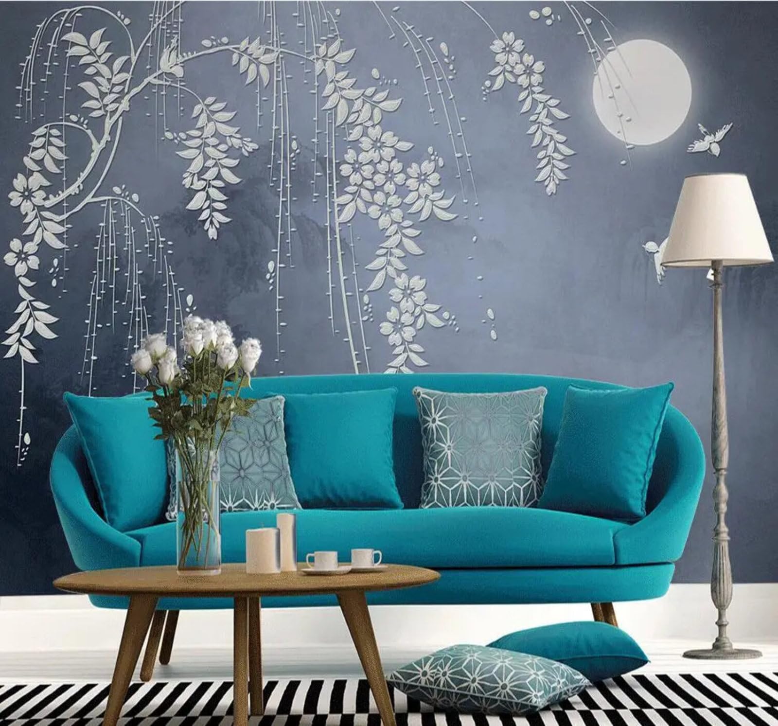 Xlming 400Cm×280Cm(B×H) Hand Painted Branches Vines Birds In Flight Moon 3D Wallpaper Premium Textured Silk Study Dining Living Room Bedroom Sofa Tv Wall Easy Install-400Cm×280Cm