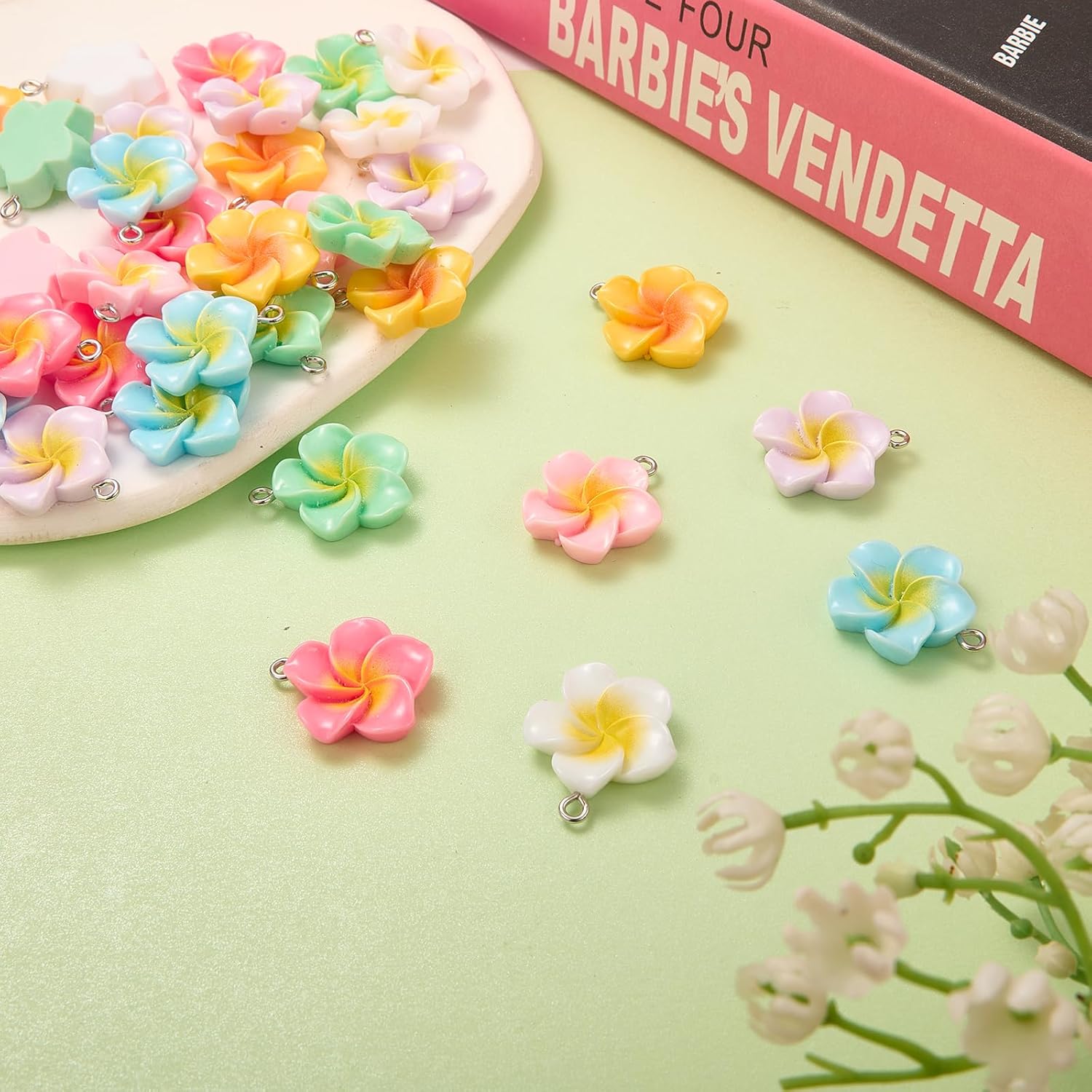 42Pcs 7 Colors Flower Charms for Jewelry Making Bulk Small Charms Iron Resin Round Pendants for Bracelet Necklace Earring Keychain DIY Supplies - Image 3
