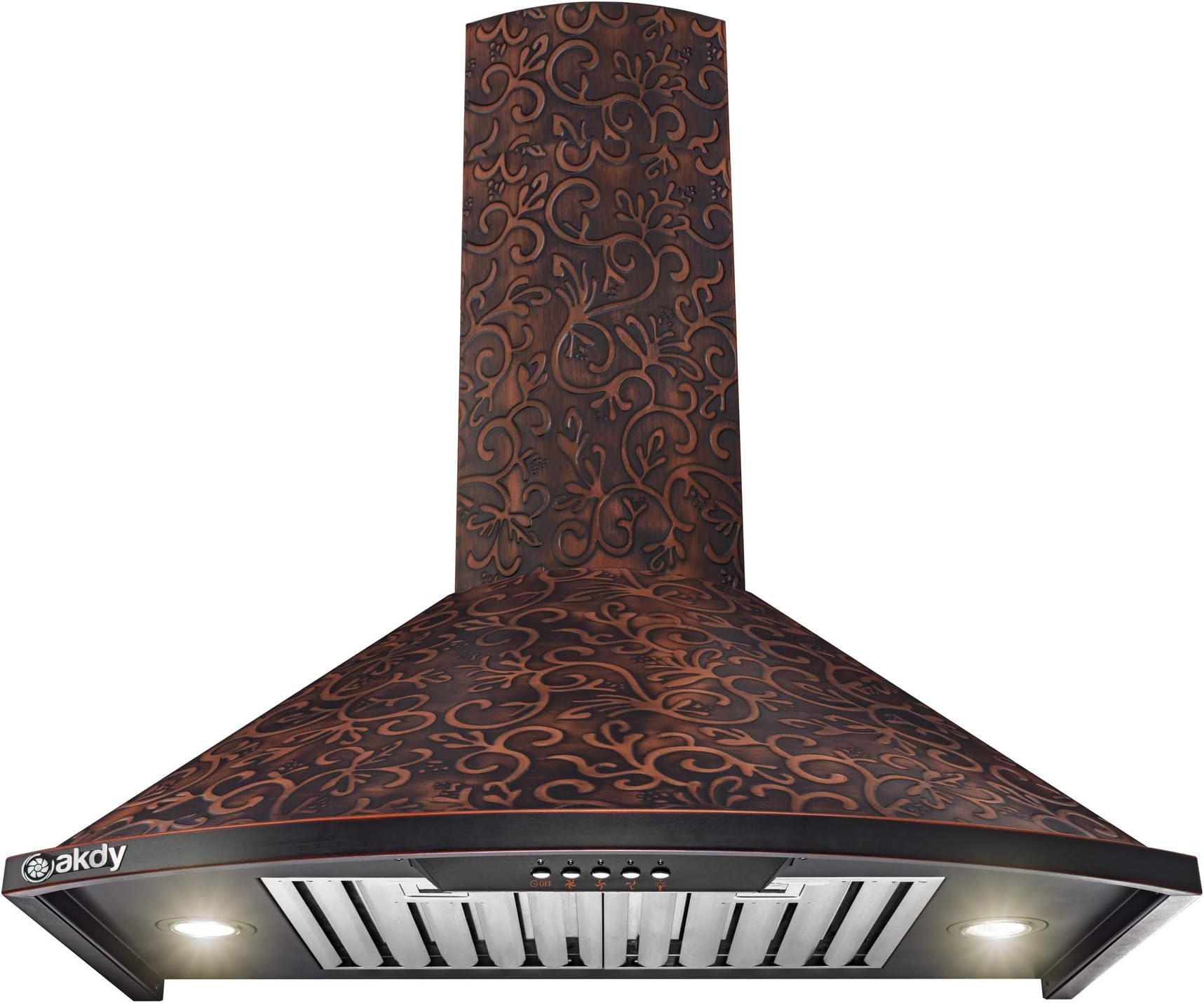 AKDY Wall Mount Range Hood -30" Embossed Copper Hood Fan for Kitchen - 3-Speed Professional Quiet Motor - Premium Push Control Panel - Dishwasher Safe Baffle Filters (Embossed Copper Vine Design)