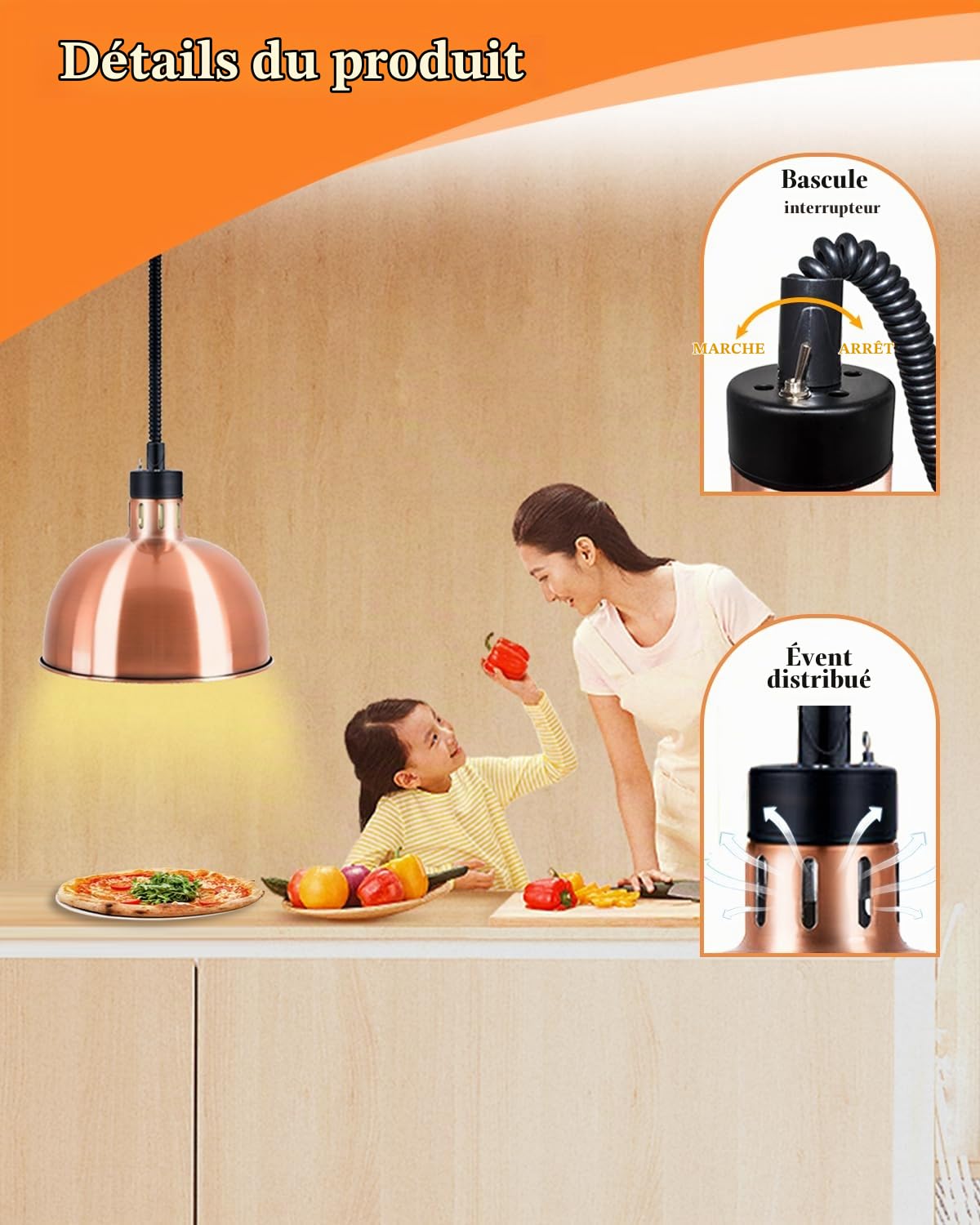 YJINGRUI 500W Buffet Heat Lamp, Adjustable Height 60-180cm, Set of 2 | 29cm Stainless Steel Lampshade for Restaurant, Buffet, Hotel and Catering