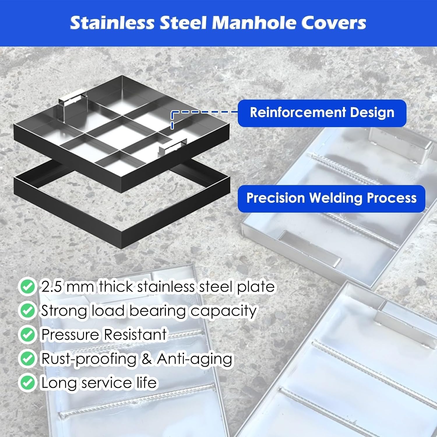 Heavy-Duty Square Stainless Steel Septic Tank Lid - 5700 lbs Load Capacity, Durable Manhole Cover for Pavement, Parking Lots, and Docks (45"x45" / 114x114cm)