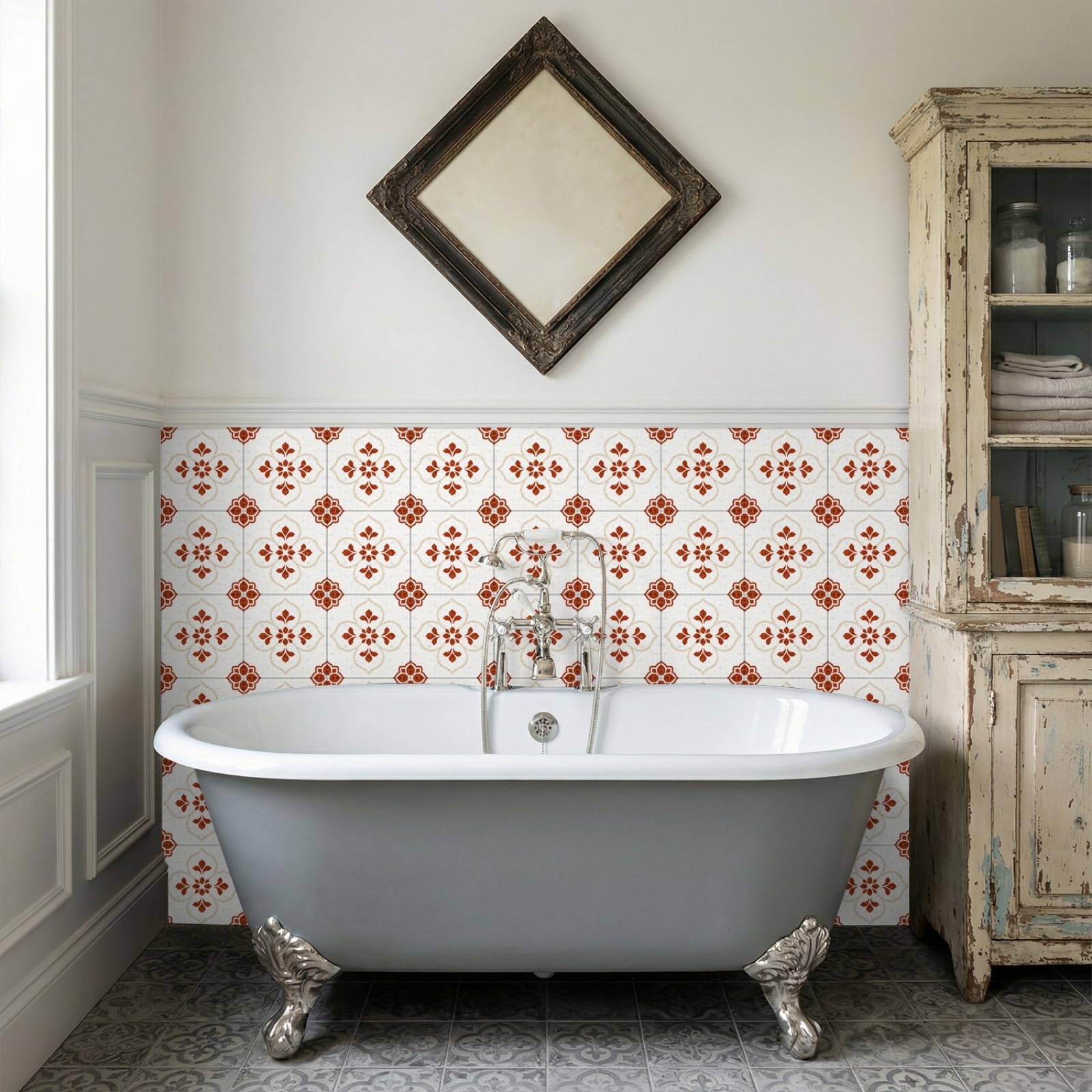 Stick on Tiles Moroccan Red Beige Kitchen Tile Stickers Waterproof Vinyl Decals Self Adhesive Stick on Bathroom Tiles Backsplash Decorative Tile Covers 30x30 cm/ 10 pcs