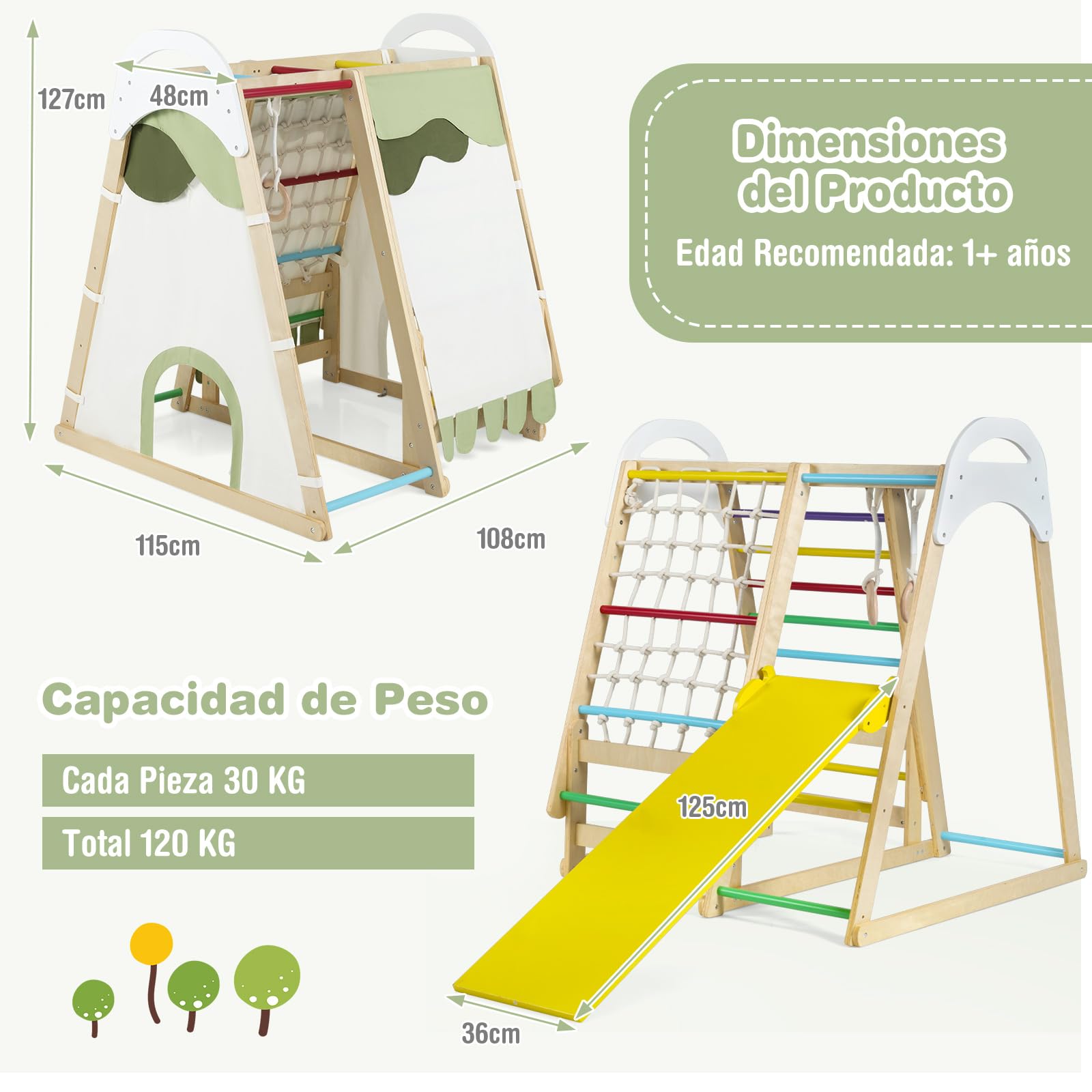COSTWAY 6 en 1 Triángulo de Escalada Infantil, Parque Infantil Interior para Niños, Conjunto de Juguetes de Escalada de Madera con Tobogán, Gimnasio de Interior para Niños de 1+ Año (Multicolor)