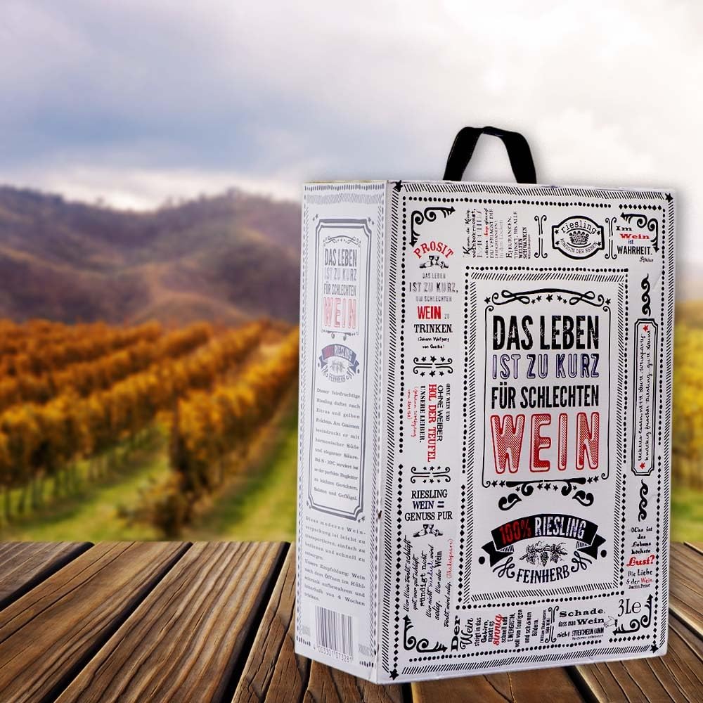 Riesling QbA, feinherb, Bag-in-Box, sortenreines Weinpaket + VINOX Winecards (4x3,0l)