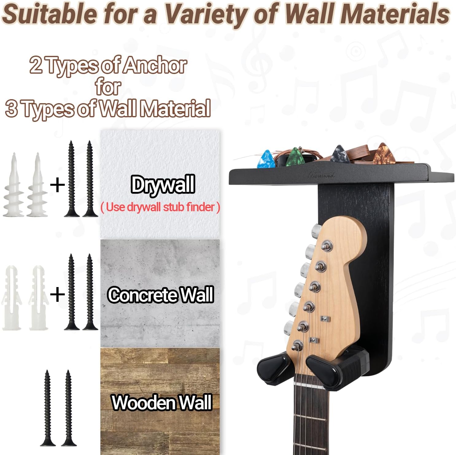 Guitar Wall Mount, Auto Lock Guitar Hanger, Black Wood Guitar Wall Hangers Shelf with Pick Holder, Guitar Holder Wall Mount for Acoustic, Electric Guitar, Ukulele, Bass, Mandolin
