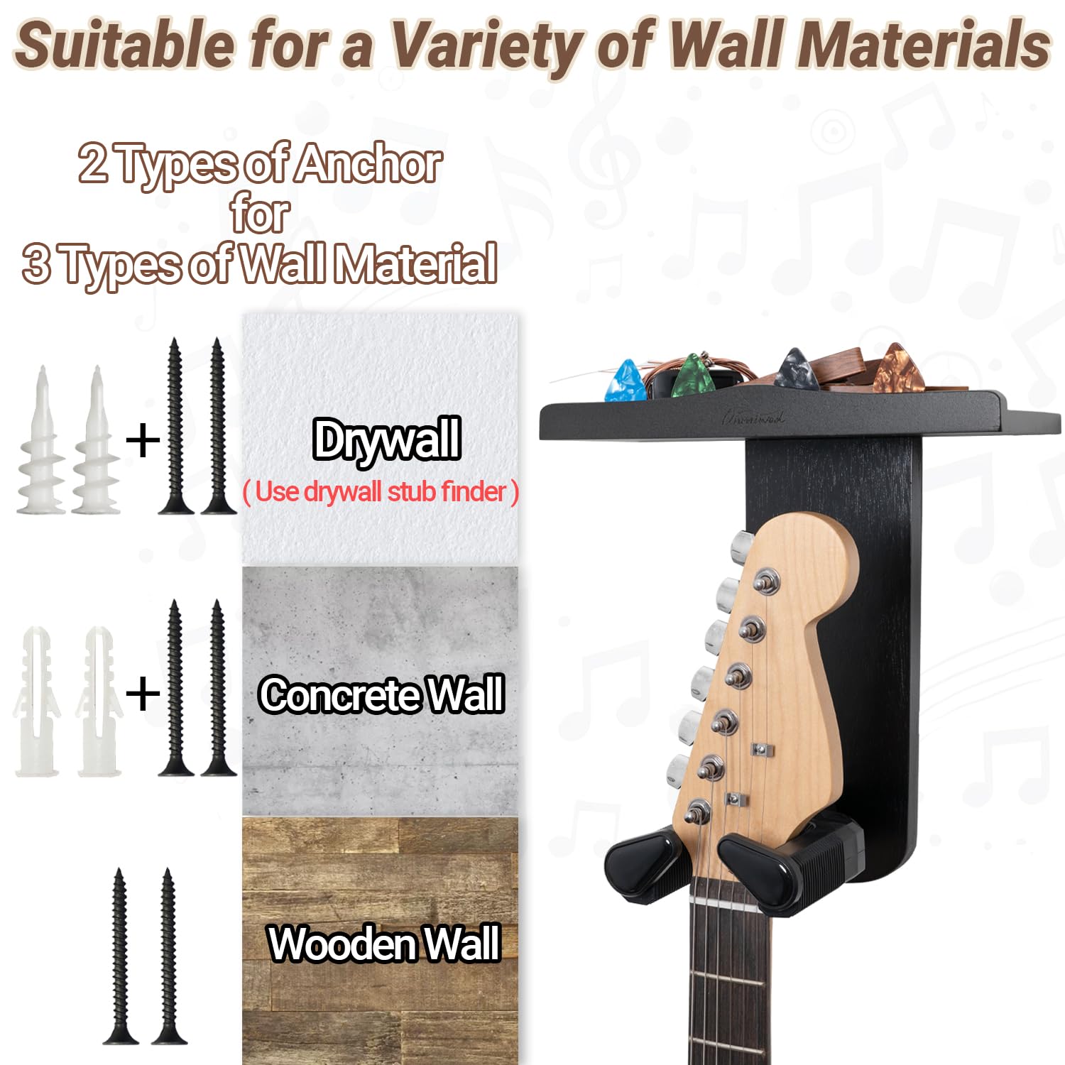 Onmiwod Gitarren-Wandhalterung, Auto Lock Gitarren-Aufhänger, schwarzes Holz, Gitarrenwandaufhänger, Regal mit Plektrumhalter, Gitarrenhalter, Wandhalterung für Akustik-, E-Gitarre, Ukulele, Bass