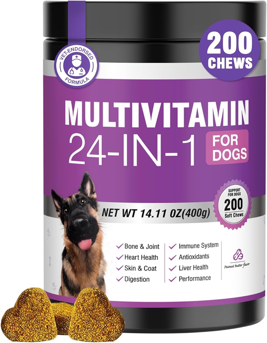 24-in-1 Dog Vitamins and Supplements 200 Ct Dogs Multivitamin Chewable Contain Chondroitin Probiotics Omega-3 Glucosamine for Dogs Skin Coat Heart Joint Gut Liver Brain Immune Support - Peanut Butter