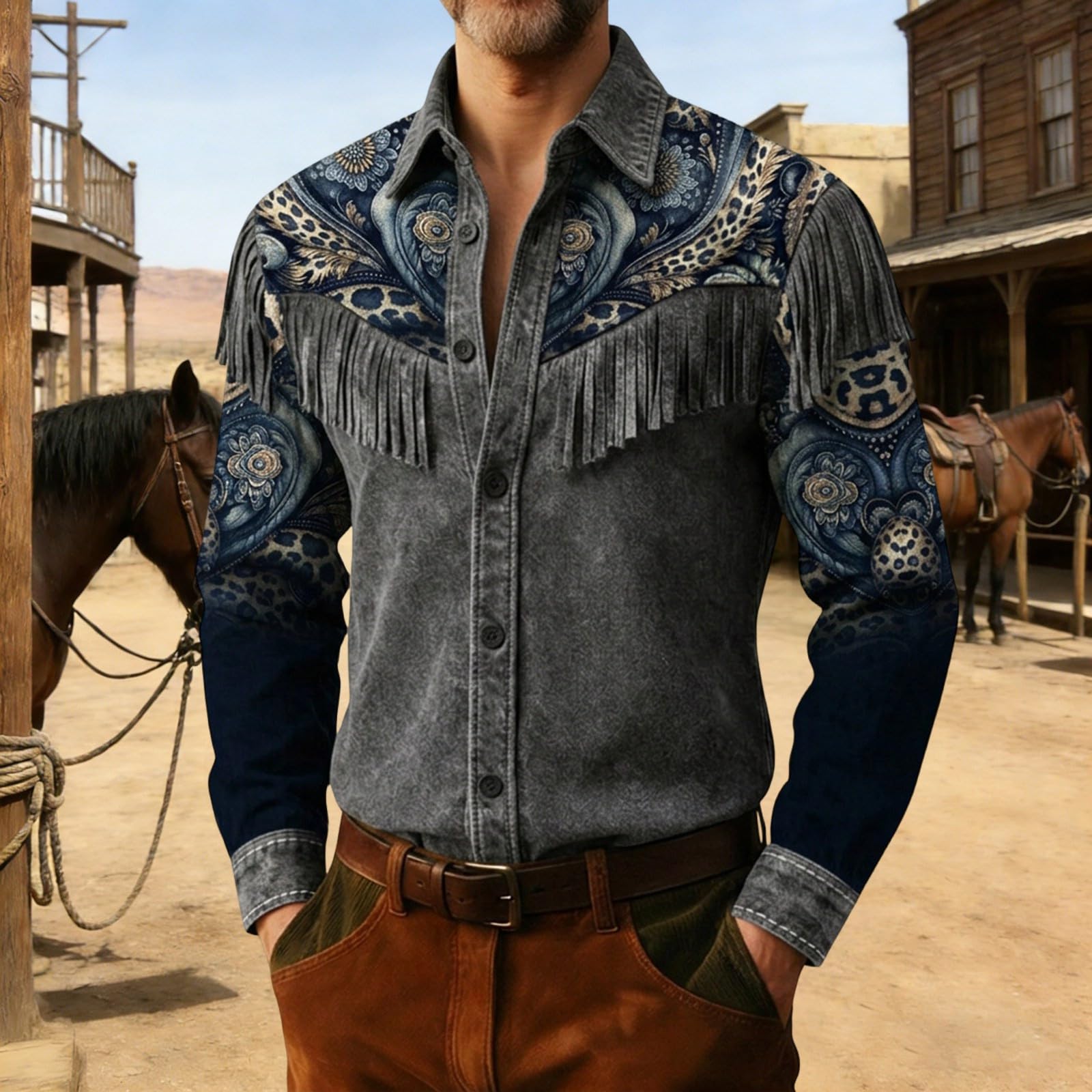 Generico Camicia da Lavoro Uomo Camicia Western Stile Cowboy con Frange Decorazione per Casual Abbottonata a Maniche Lunghe Festival Musicale Country