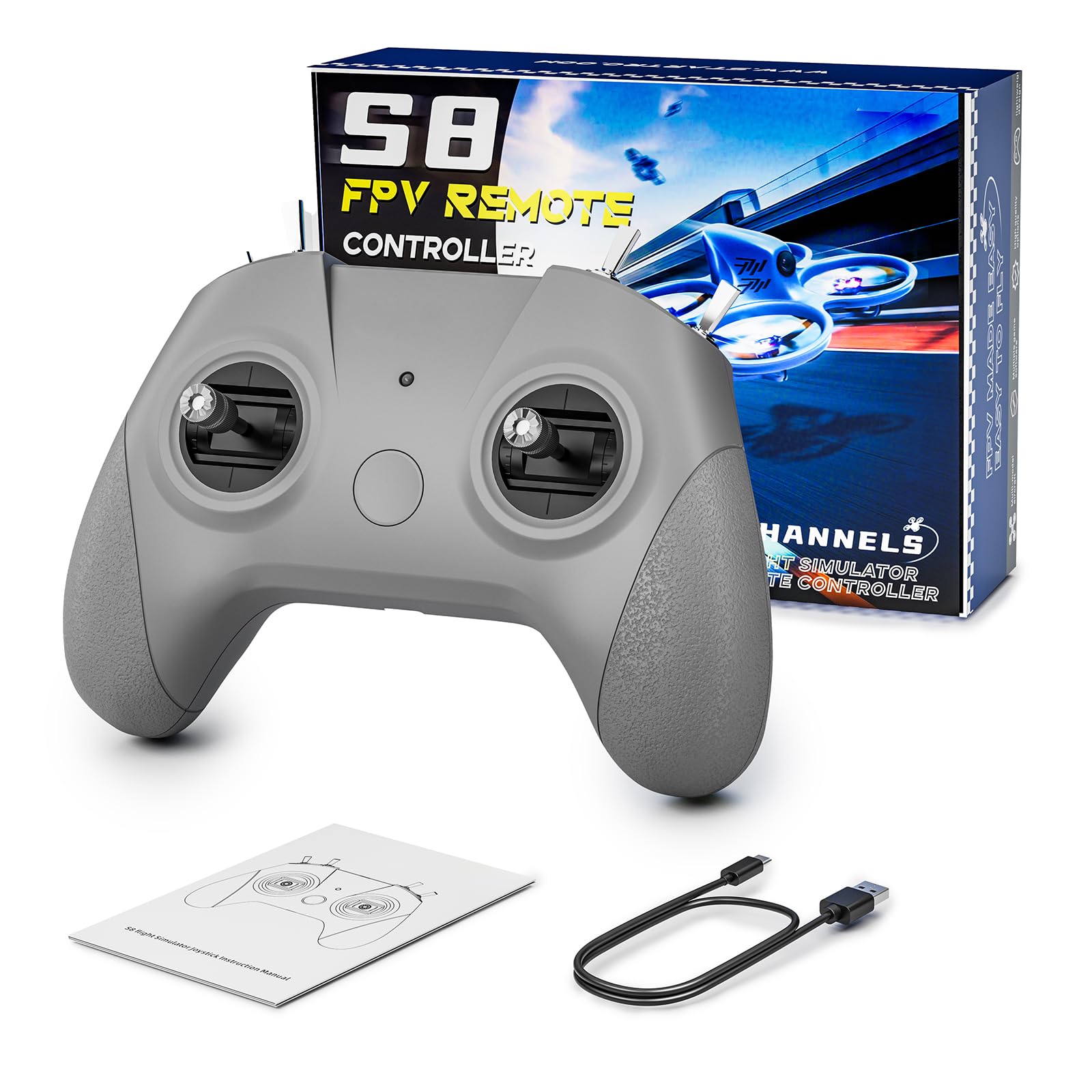 S8 Pro RC Simulateur de vol Télécommande 8 canaux FPV Drone Contrôleur de jeu pour PhoenixRC/Realflight/FreeRider/DJI Virtual Flight, Type-C vers Type-C/OTG, expérience d'entraînement pilote débutant