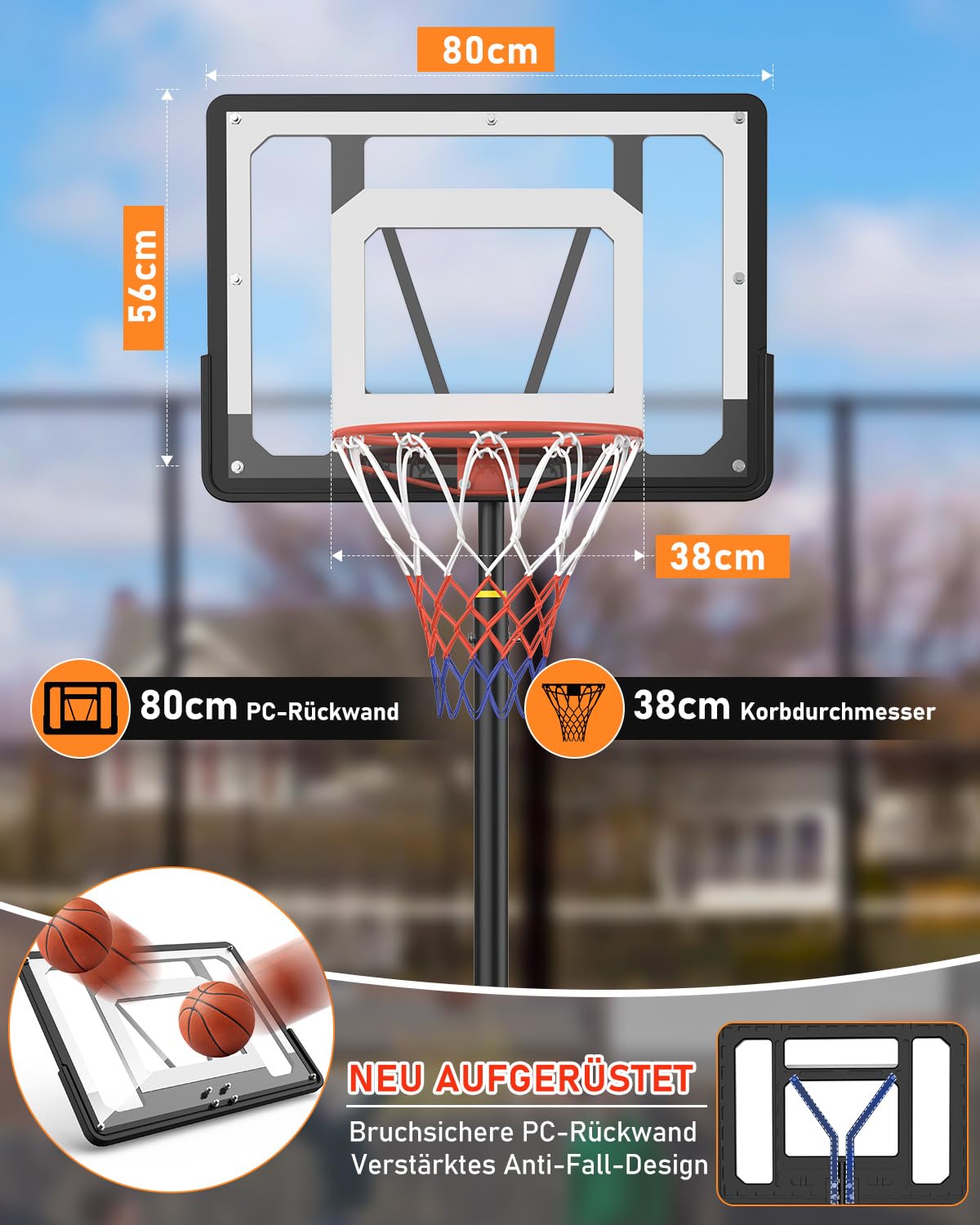 Basketballkorb Outdoor Kinder Höhenverstellbar 155-210 cm Basketballständer 80 cm bruchsichere Rückwand mit Rollen