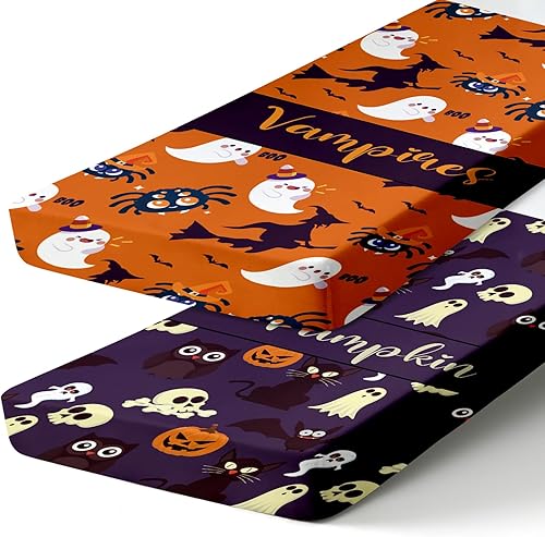 Ropa de cama con nombre personalizado para niñas  2 piezas de sábanas naranjas de Halloween para niñas y niños, sábanas bajeras de algodón para niños