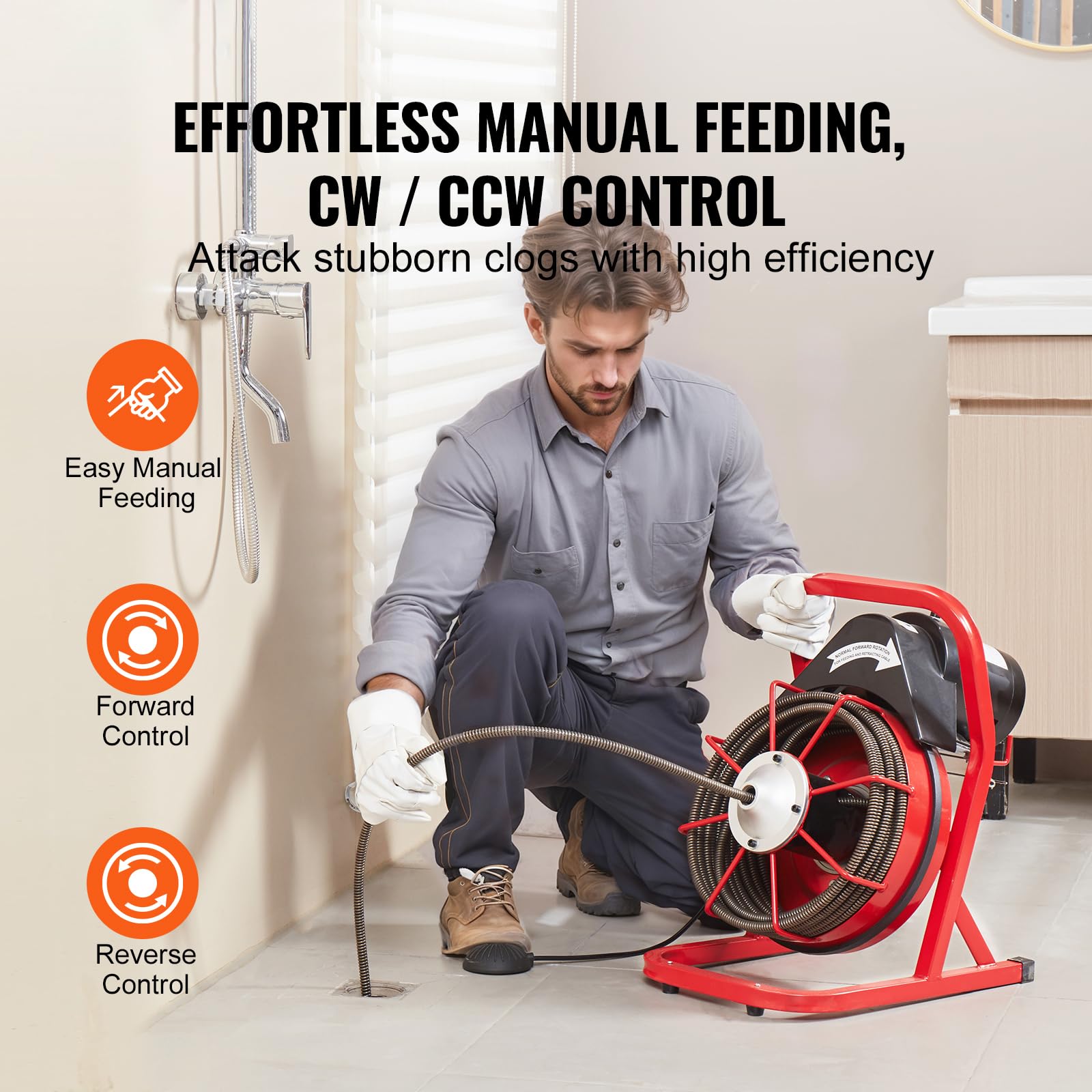 Happybuy Drain Cleaner Machine 50FT x 1/2 Inch, Sewer Snake Auger Manual Feed, 250W Electric Drain Cleaning Machine with 4 Cutters & Air-activated Foot Switch for 2