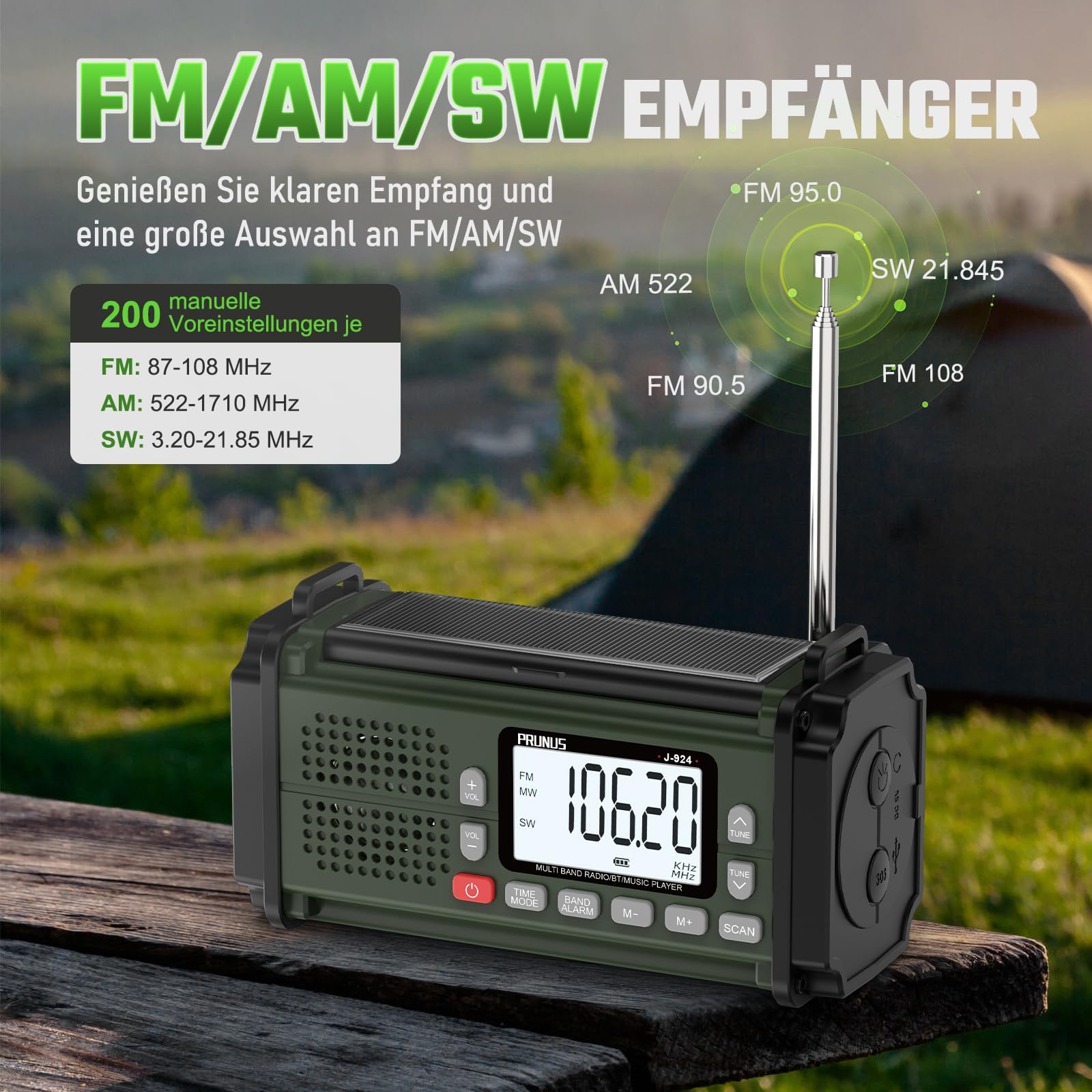 PRUNUS J-924S AM/FM/SW Kurbelradio Notfall Weltempfänger, Notfallradio mit 10000mAh Akku, Solar Radio Survival Ausrüstung mit Taschenlampe/SOS Alarm/Handyladefunktion für Ourdoor, Blackout, Notfall.