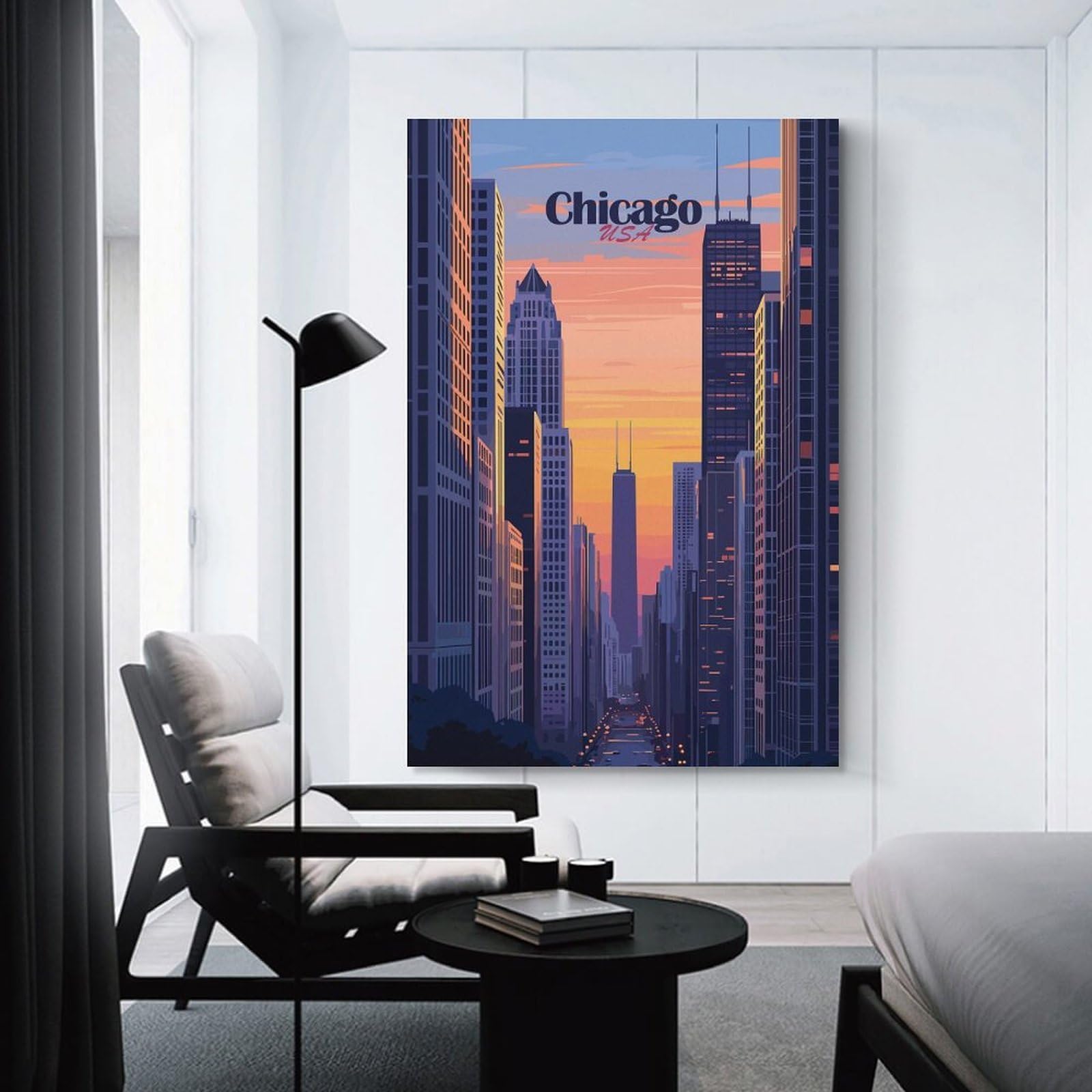 Junmoney Chicago Skyline Sunset Wall Decor Canvas Print 24x36inch(60x90cm), for Study, Office Or Apartment Decor, A Wall Art Gift for Fresh Interiors