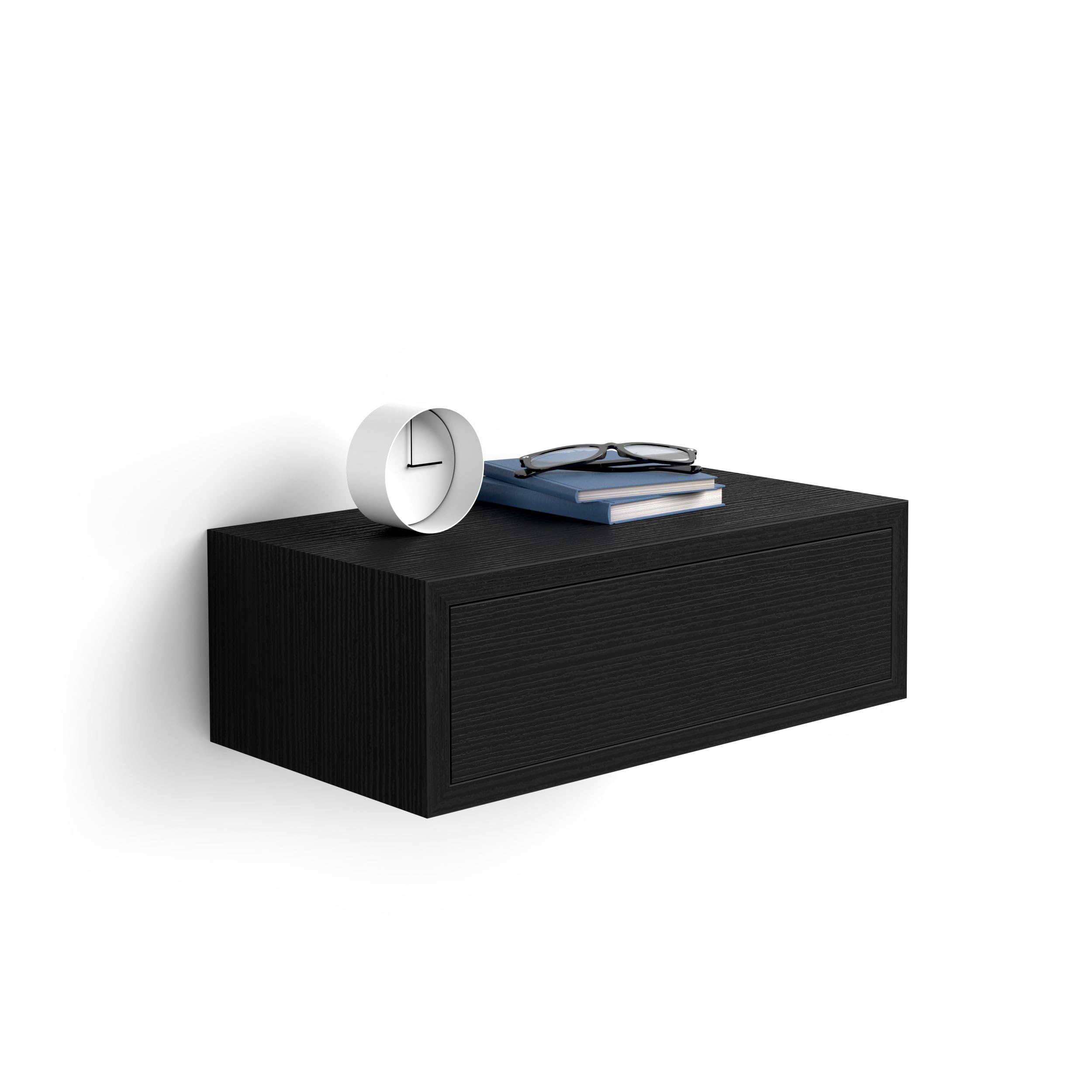 Mobili Fiver, Comodino sospeso Riccardo, Nero Frassino, Nobilitato, 45 cmx25 cmx15.5 cm, Comodino moderno per Soggiorno e camera, Made in Italy