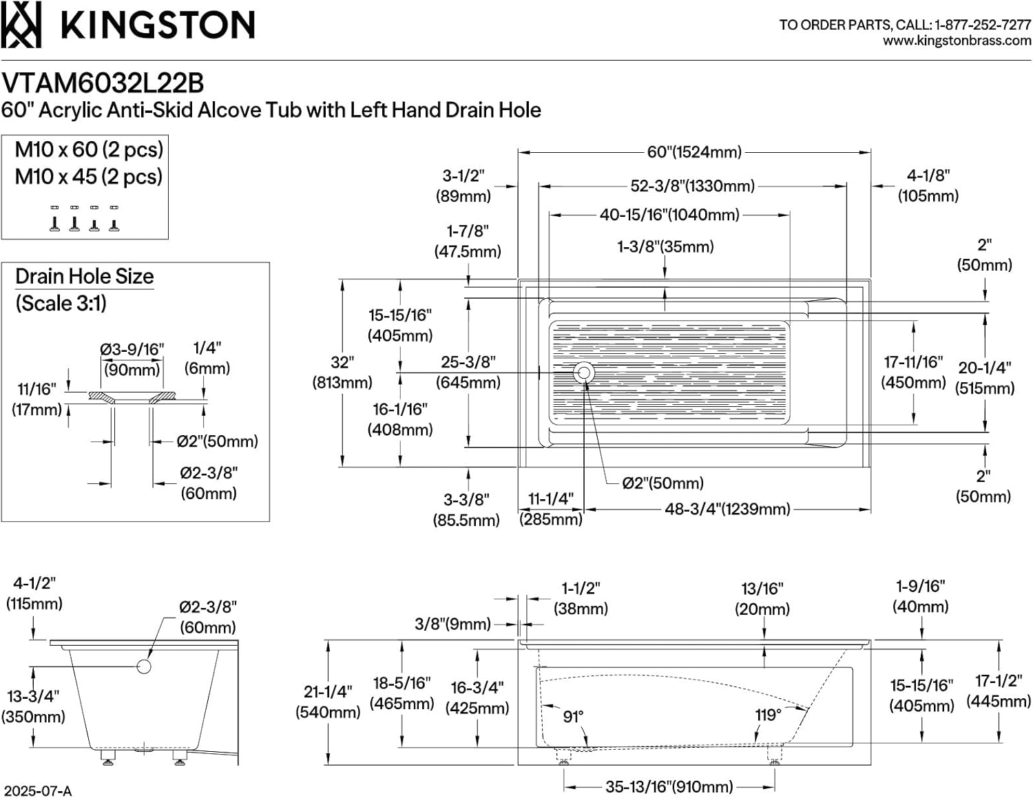 Aqua Eden VTAM6032L22B 60-Inch Anti-Skid Acrylic 3-Wall Alcove Tub with Left Hand Drain Hole, White