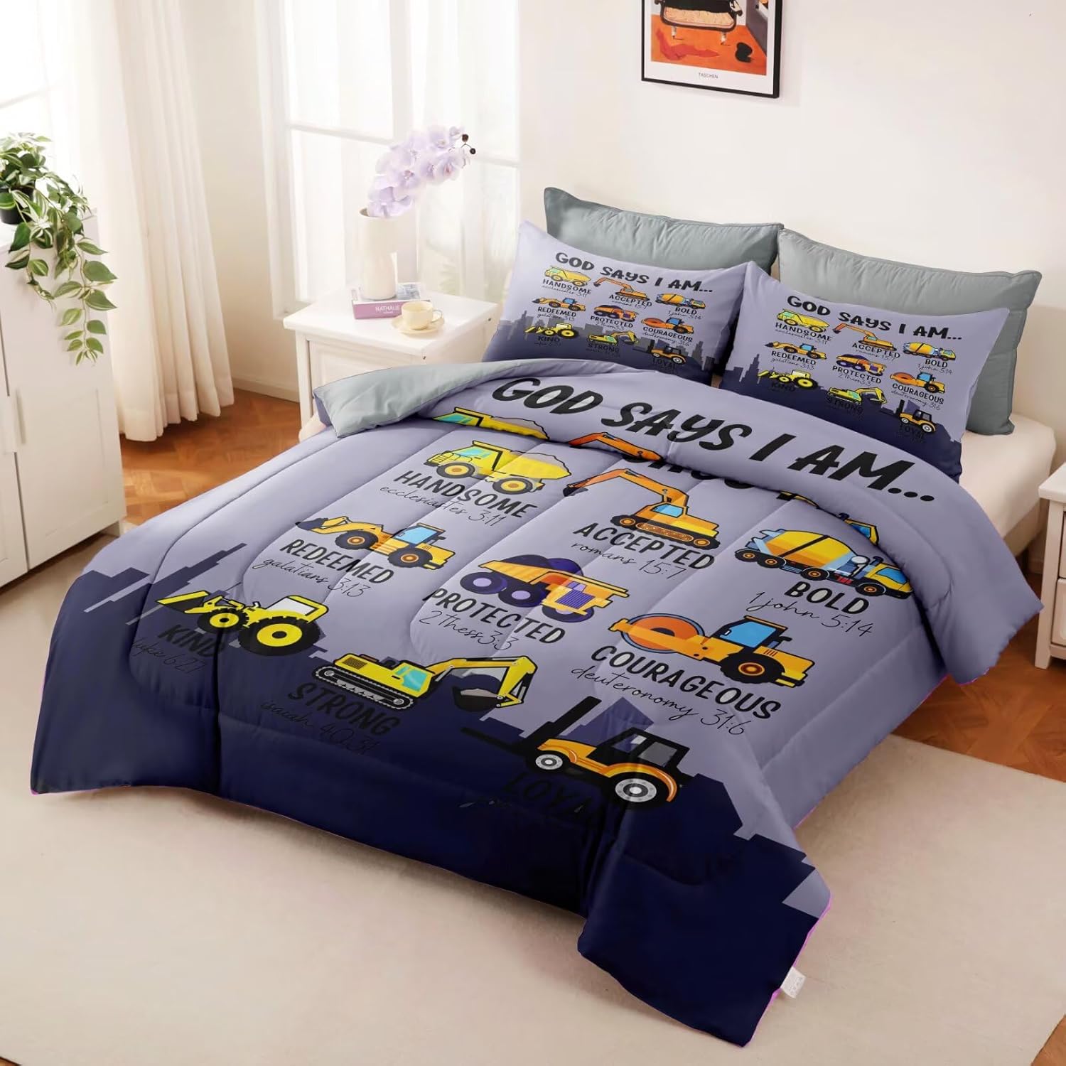 Boys Kids Construction Truck Comforter Set Twin Size,3 Piece Bed in a Bag Cars Excavators Tractor Bedding Set Construction Christian Spirational Comforter with 2 Pillowcases Gray - Image 5