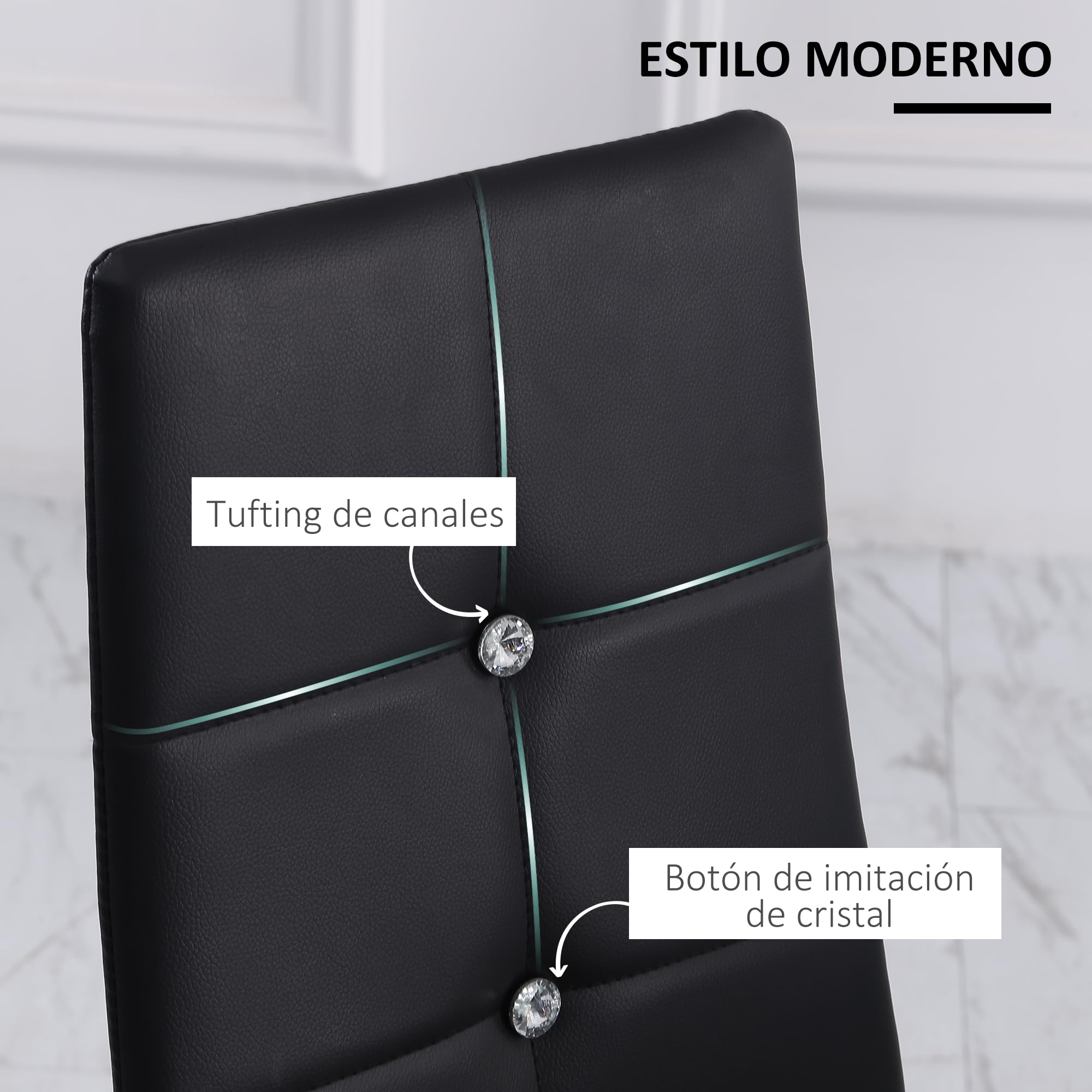HOMCOM Juego de 6 Sillas de Comedor con Respaldo Alto para Salón Negro | Tapizada en PU, Sillas de Cocina Modernas, Botones, Patas de Acero, Dormitorio