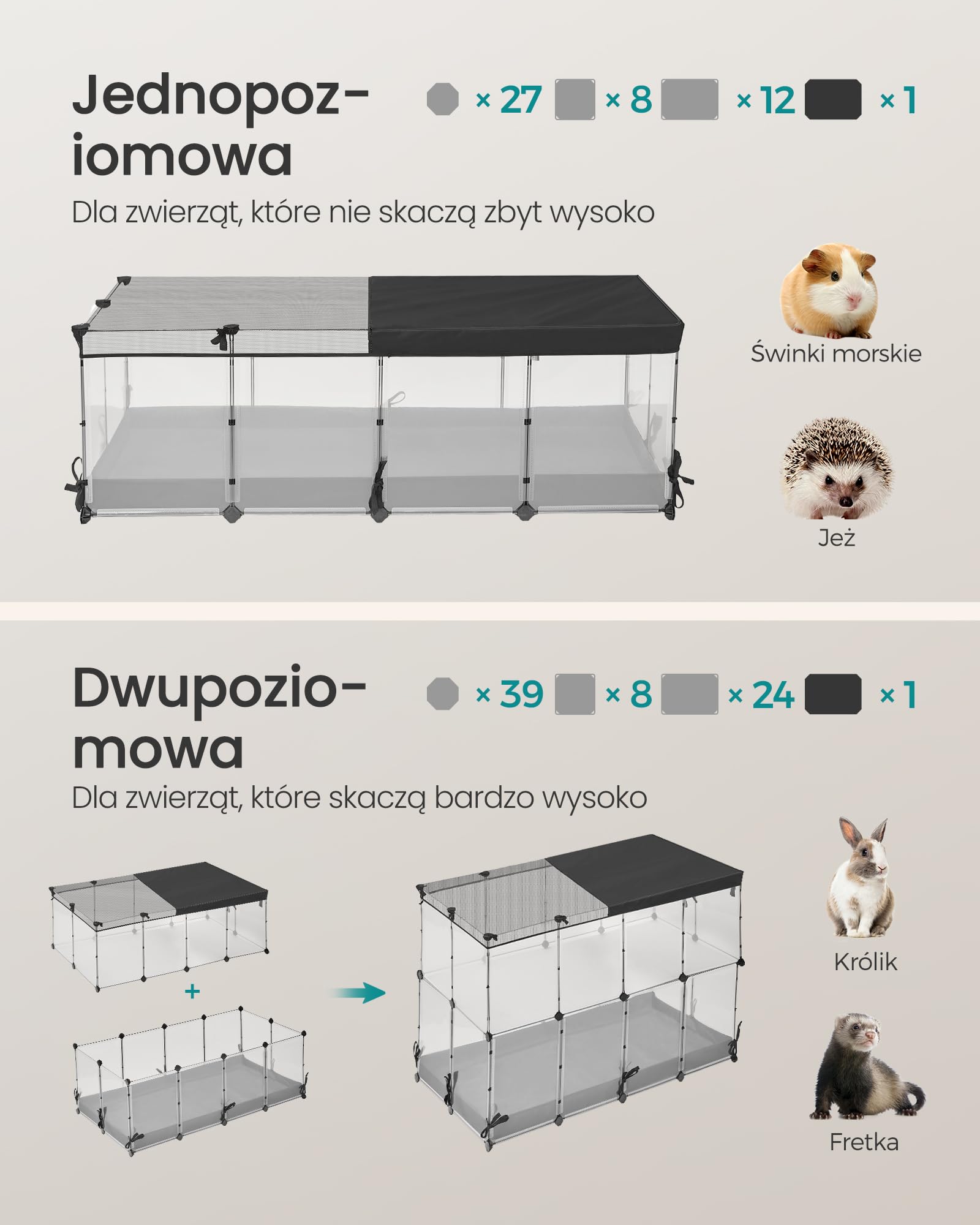SONGMICS Ogrodzenie dla małych zwierząt, półprzezroczyste panele, oddychająca tkanina, wodoodporna mata, dla królika, jeża, świnki morskiej, fretki, 144 x 74 x 47 cm, biała chmura LPC015W01
