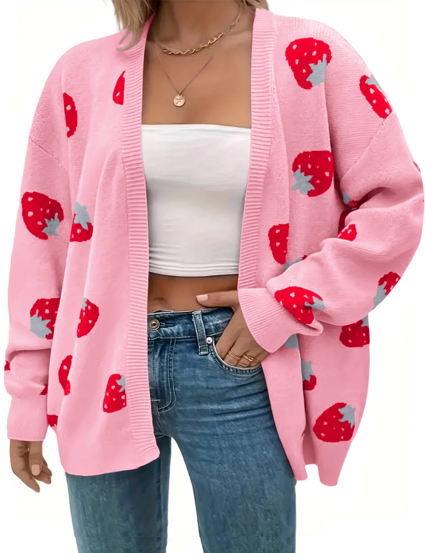 SECRETEYARD Women's Plus Size Strawberry Floral Print Long Sleeve Open Front Knit Cardigan Sweater