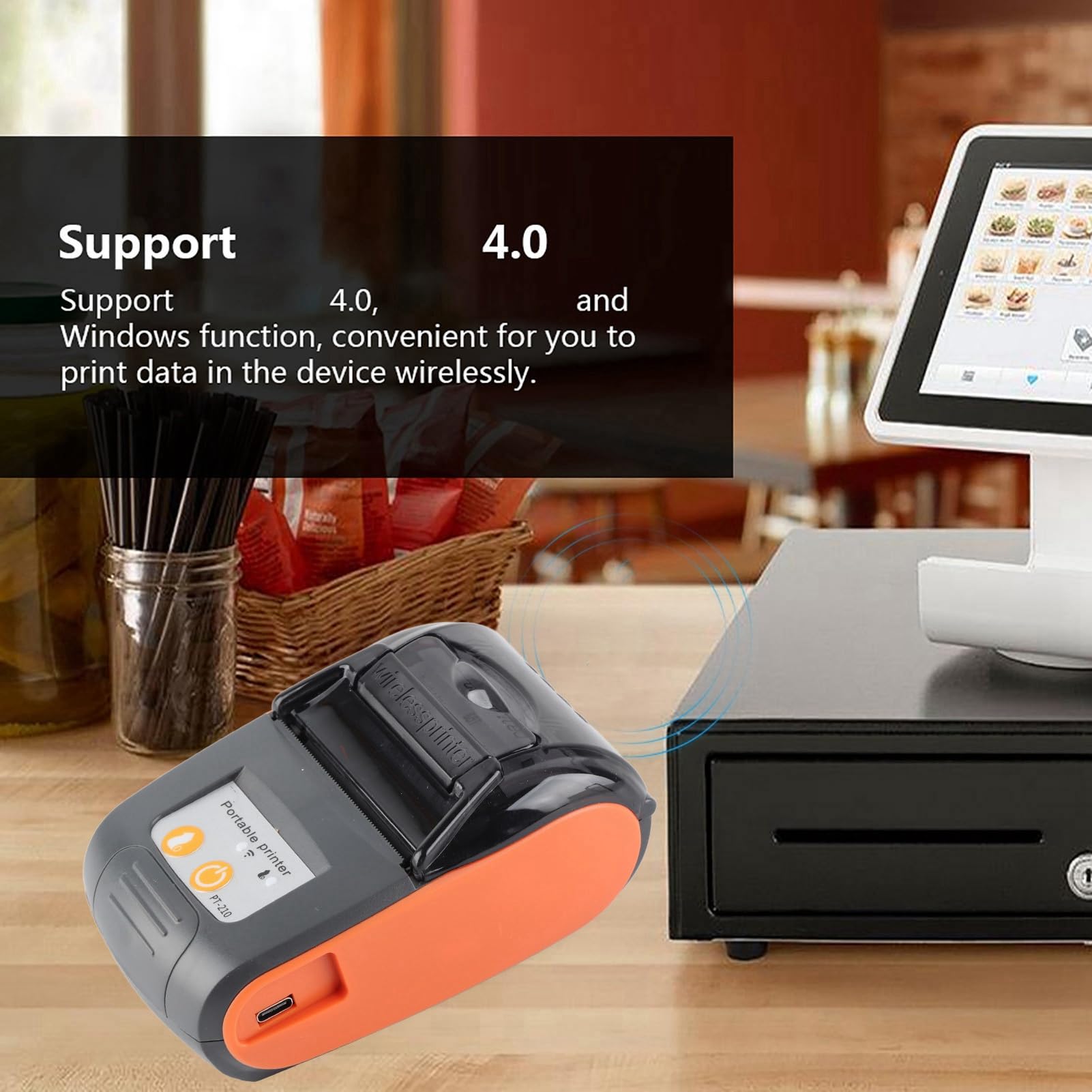 Socobeta Impresora de Tickets de Recibos Bluetooth 4.0 Impresora térmica inalámbrica USB con batería de Iones de Litio Recargable de 1500mAh 7.4V(Enchufe de la UE Naranja)