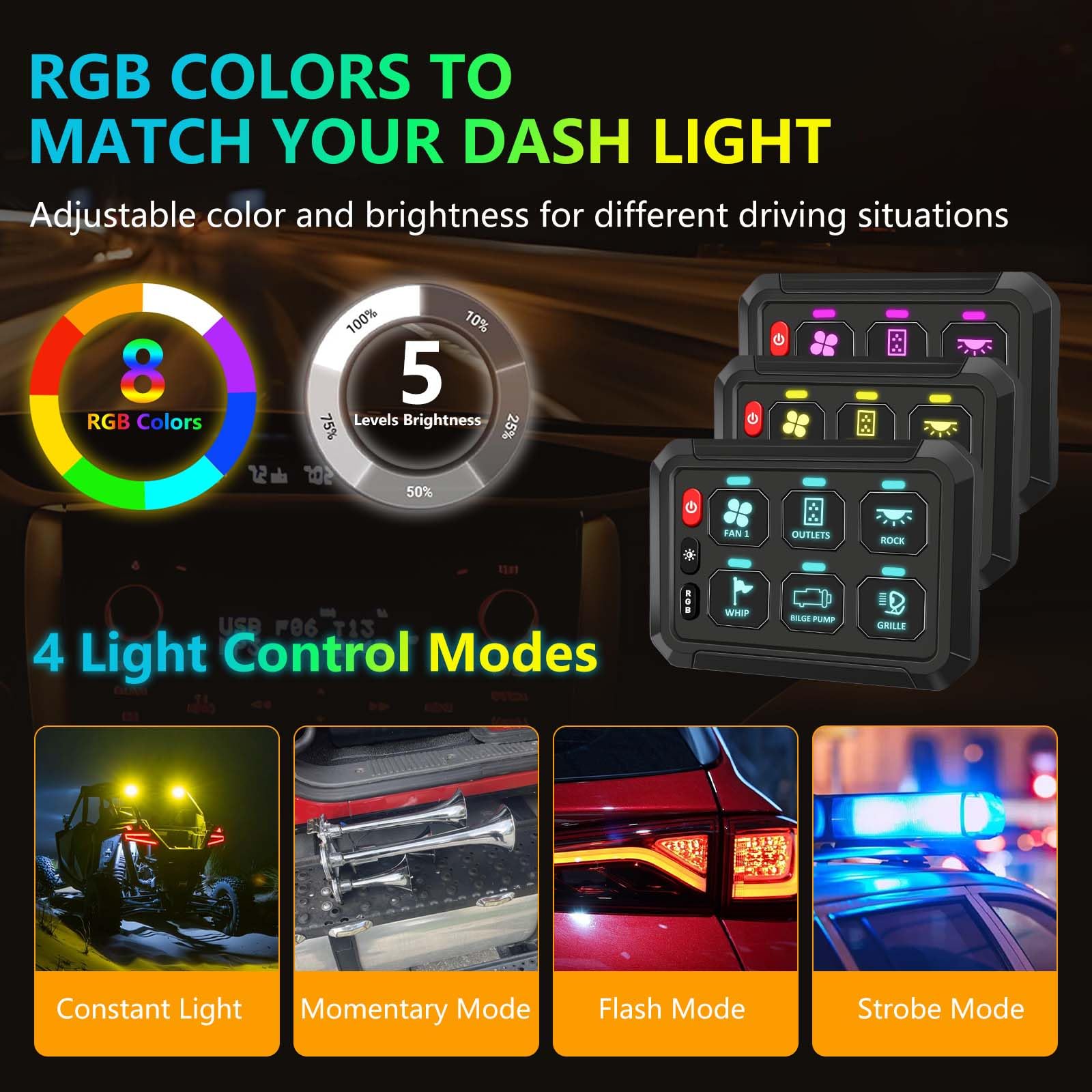 Chelhead 6 Gang Schalttafel, 12V Schalter Panel Kit impulsartig RGB 4 Beleuchtungsmodi schalterpanel,wasserdicht, dimmbar, universelles Schaltkreissteuerungsrelaissystem, kompatibel mit LKW, Offroad