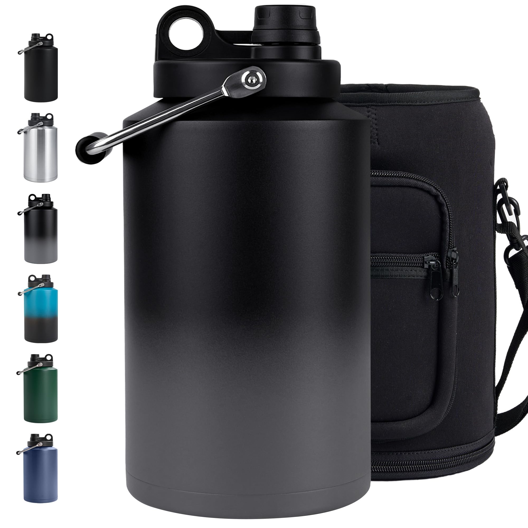 Insulated Gallon Jug with Handle, One Gallon, 128oz Stainless Steel, Large Double Vacuum Water Bottle for Cold Drinks, Wide Mouth, Sweat Proof, Carrier bag, Great for Travel, Camping, Grey Gradient