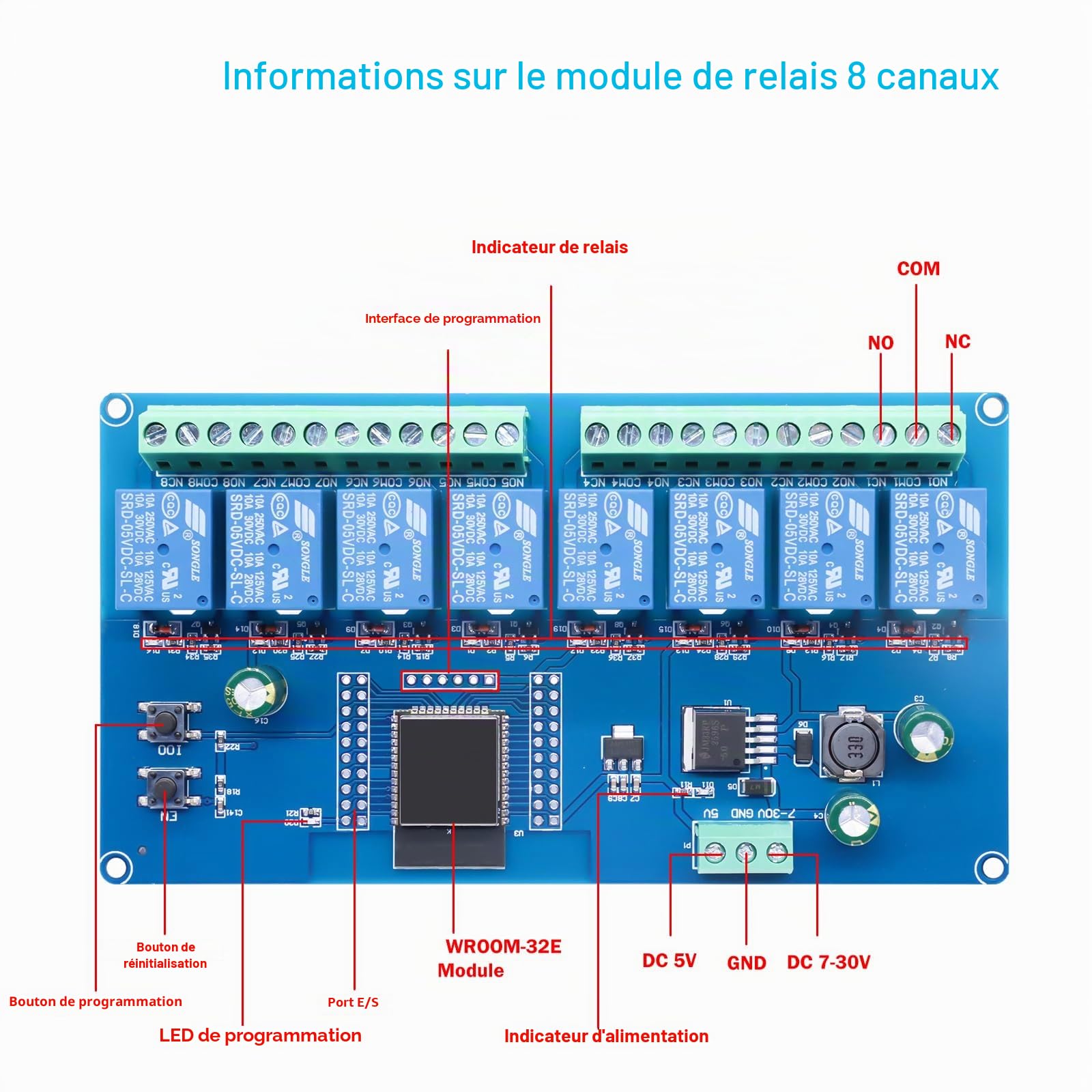 Binghe 8 Canaux ESP Module de Relais, DC5-30V Relais ESP WIFI Bluetooth 8 relais avec Carte de développement ESP-32-WROOM pour Carte de Développement Secondaire ESP（LC-Relay-ESP-32-8R-D5）