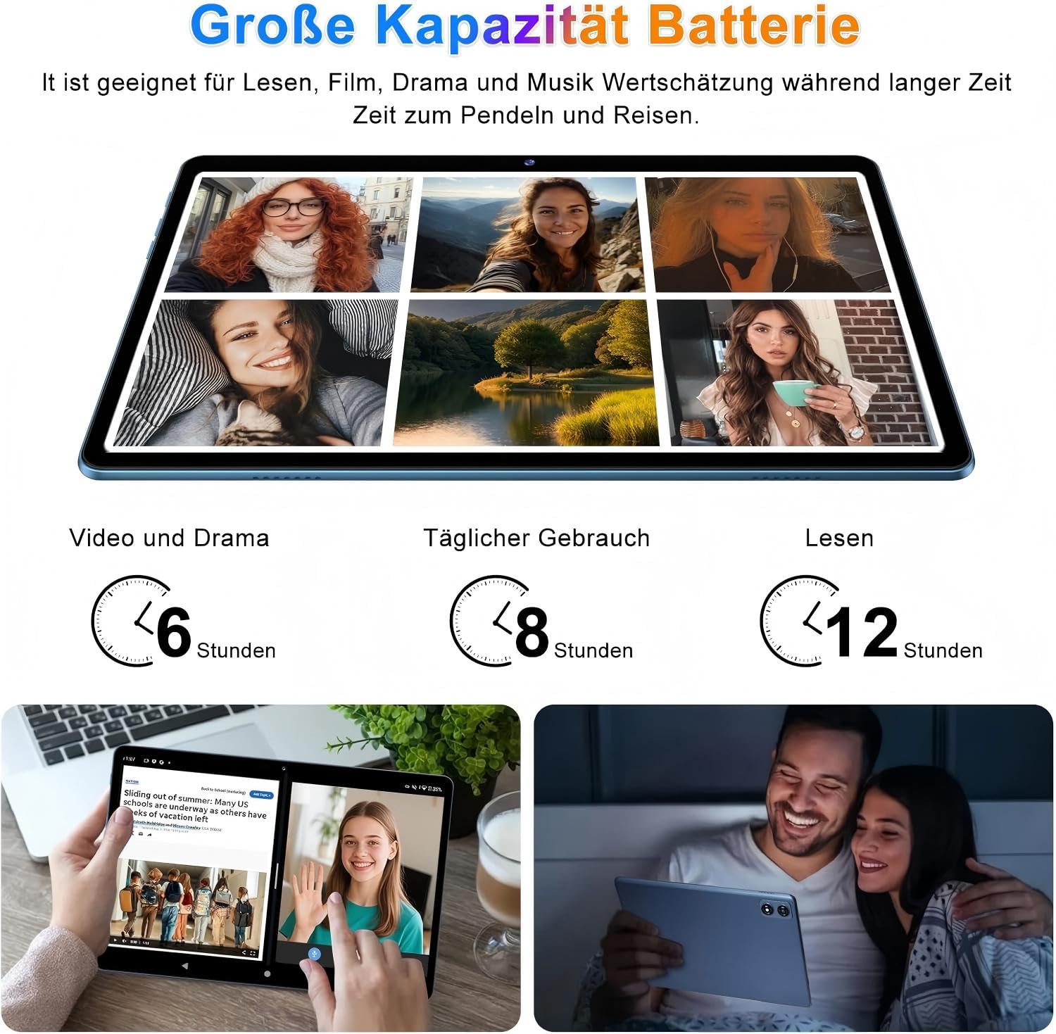 fezawio Android 14 Tablet 10 pollici 22 GB RAM + 128 GB ROM Octa-Core Tablet 5G WiFi, con tastiera mouse, 8000 mAh, (1TB TF) con collina-blu