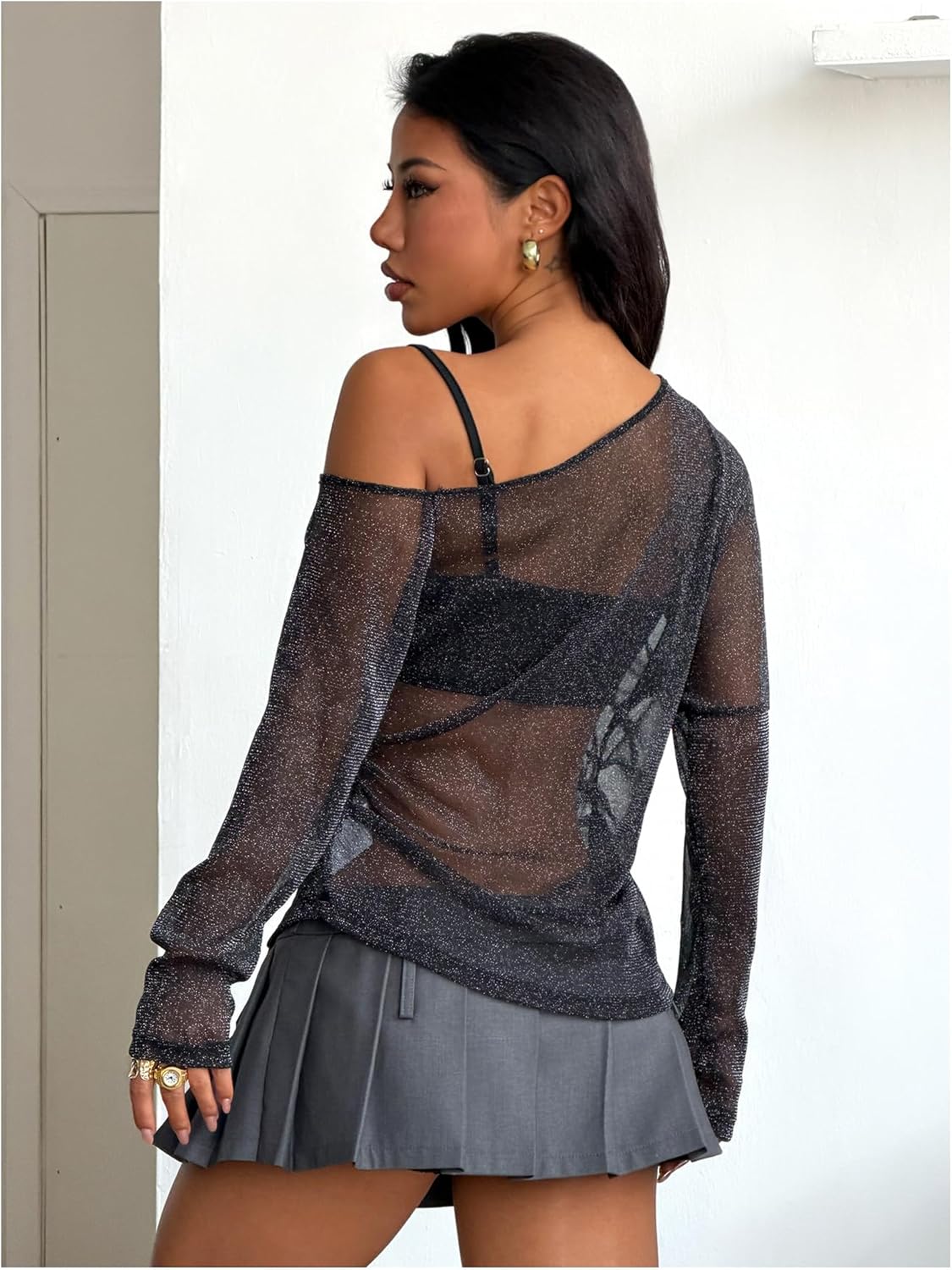 Milumia Women's Long Sleeve Sparkly Sheer Mesh Top Off Shoulder See Through Sequin Top Rave Clubbing Outfits - Image 3