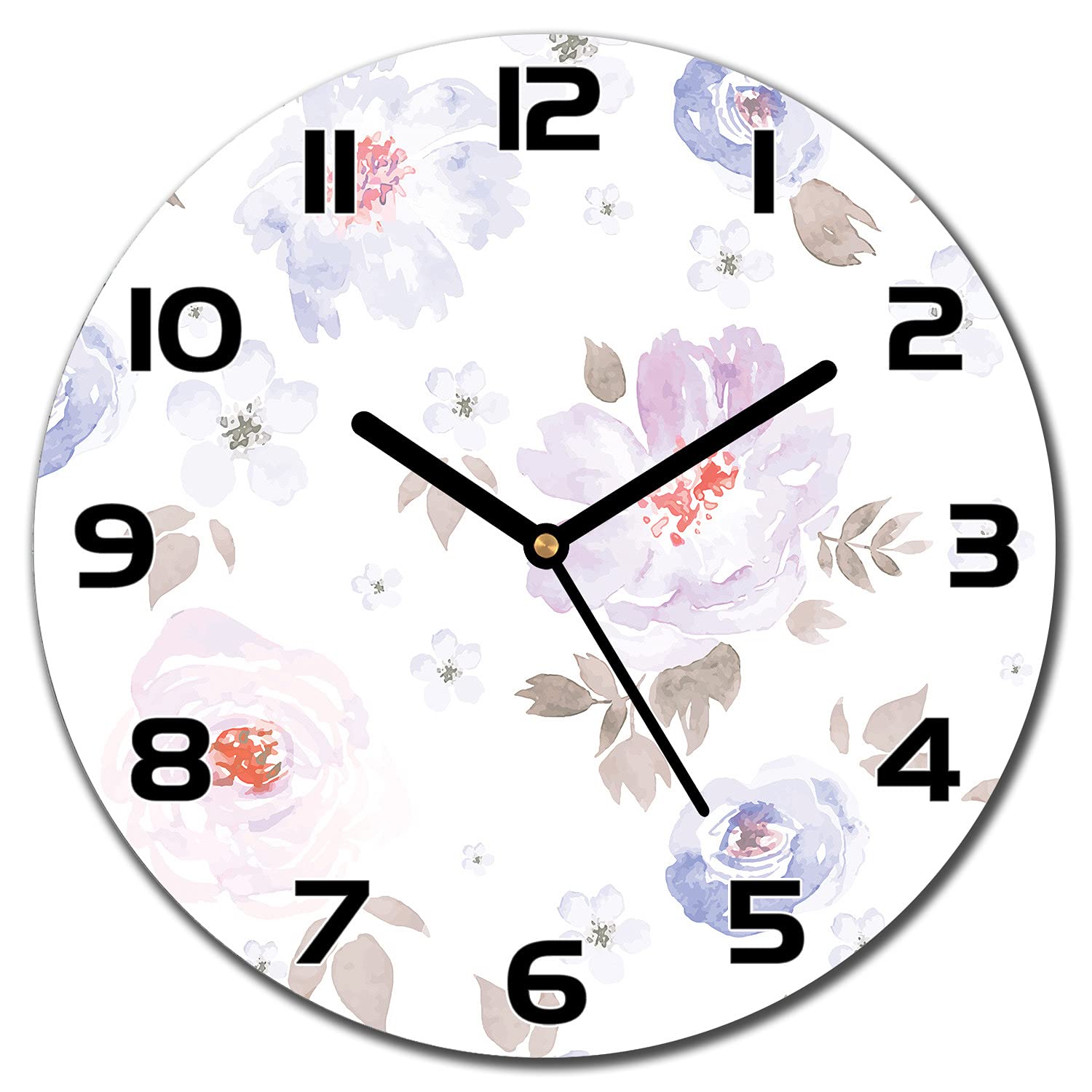 Horloge en verre cuisine et salon moderne décor floral pastel et aiguilles noires