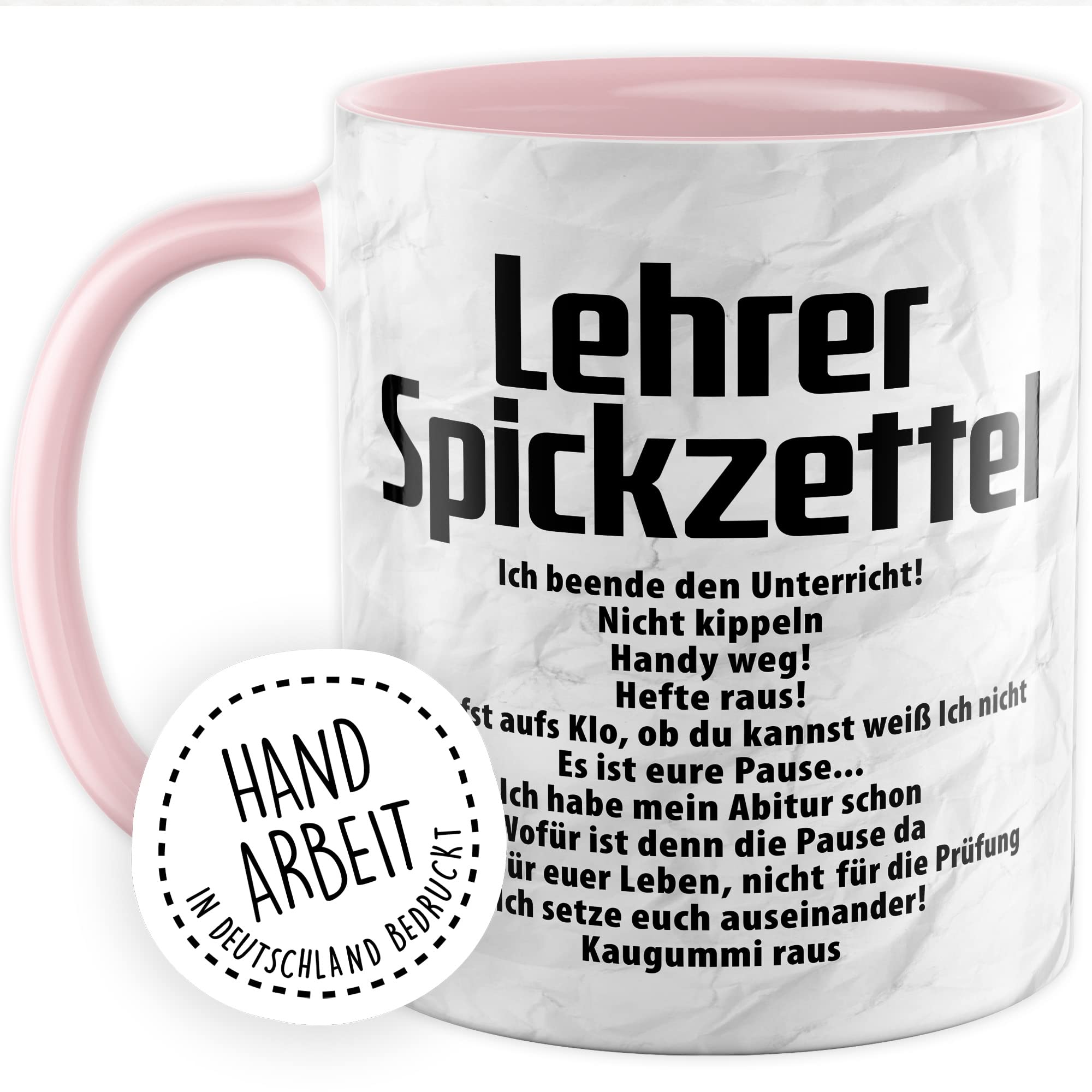 Lehrer Tasse, Lehrer Spickzettel, Geschenkidee lustig Lehrerin Lehrerin Beruf Spruch lustig Grundschule, Geschenk Kollegen Schule (Weiß/Pink)