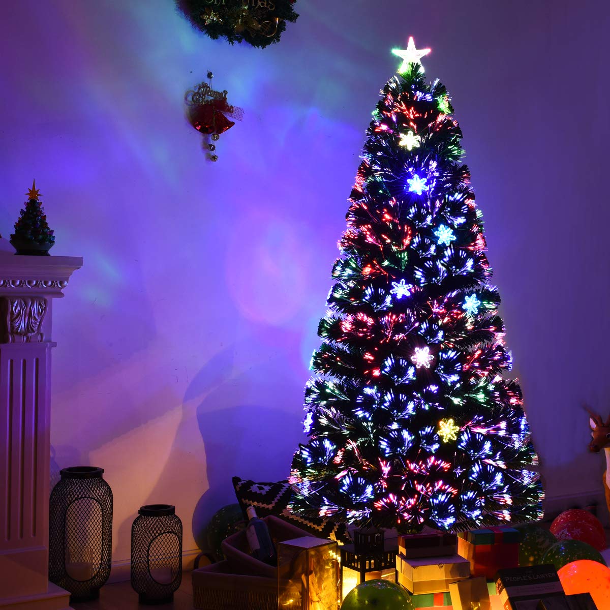 GOPLUS Árbol de Navidad Artificial de 180cm con Copos de Nieve | Árbol de Abeto con Fibra Óptica LED, Decoración Navideña y Soporte de Metal