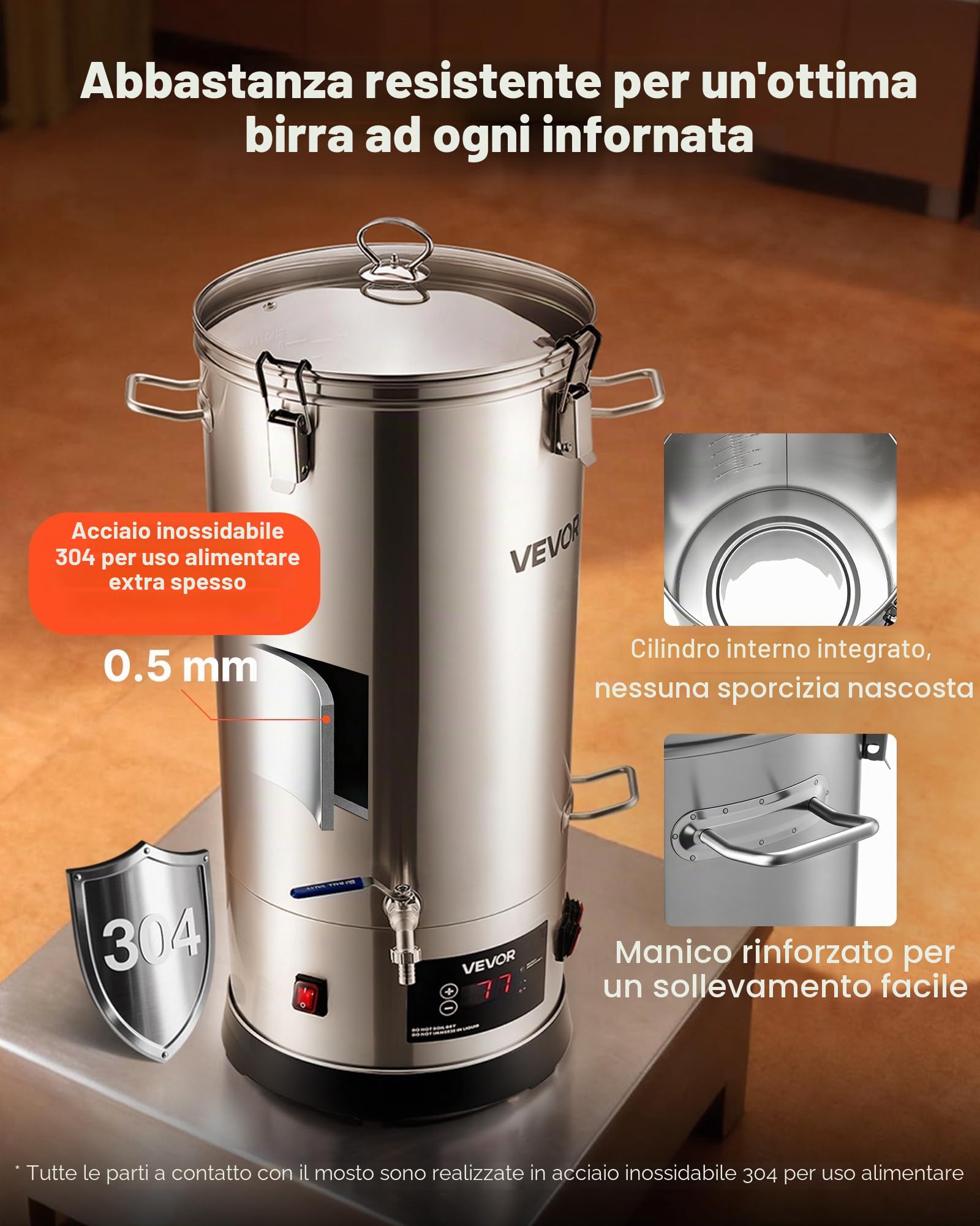 VEVOR Sistema di Attrezzatura Elettrica per Produzione di Birra, Bollitore per Birra 30 litri Uso Domestico, Cuocitore di Mosto con Canna Interna Maniglia Rubinetto, Kit Utensili per Homebrewing