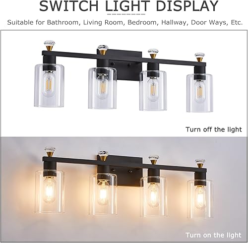 Miniatura 5 de Lámpara de tocador de baño, 4 lámparas, lámpara de tocador moderna negra, apliques de pared con pantalla de vidrio transparente para espejo de baño,