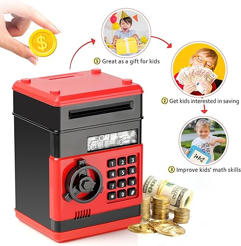 Miniatura 5 de Alcancía de cajero automático para niños, Vcertcpl Mini ATM Caja de ahorro con contraseña, hucha de dinero segura para niños y adultos con ranura