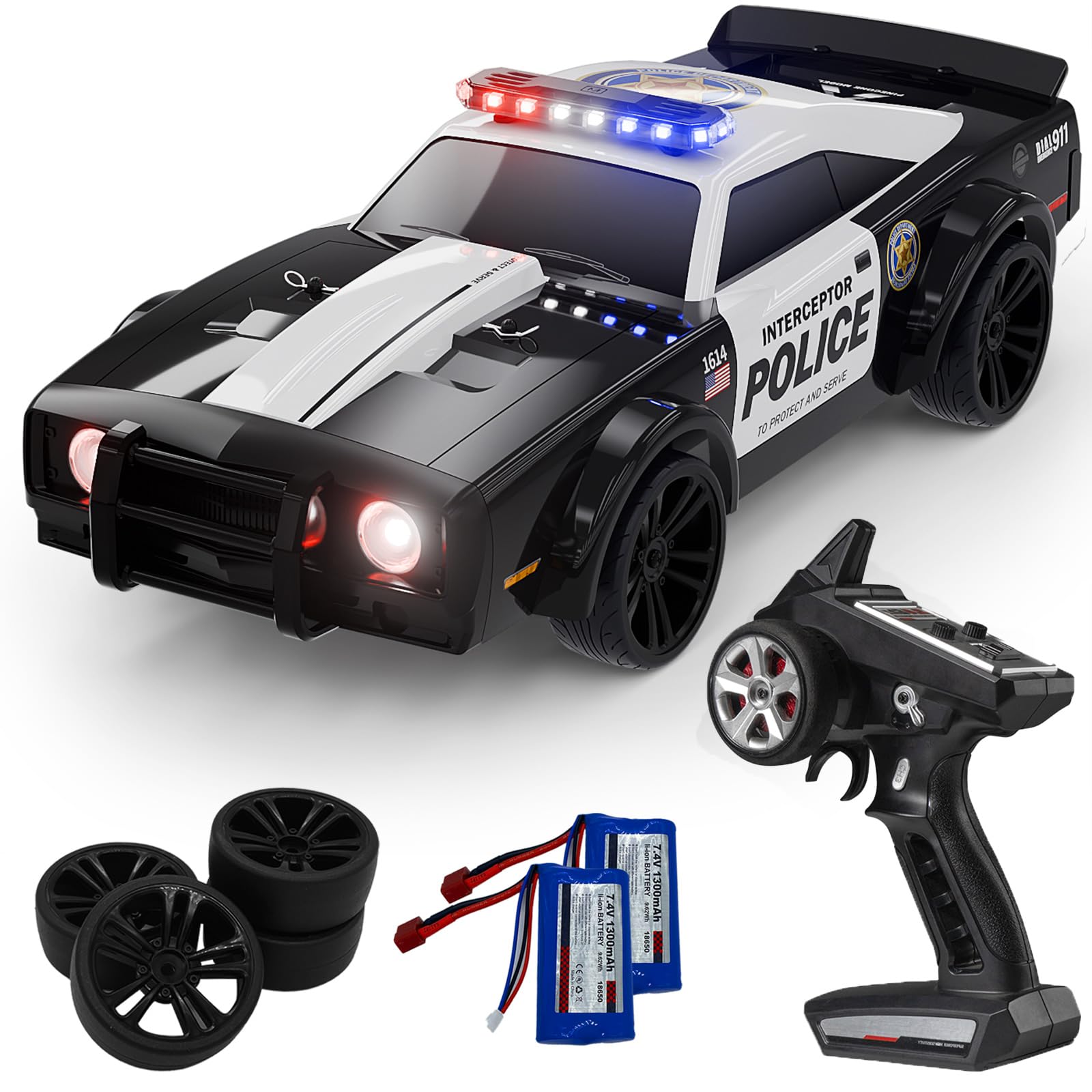 captainrc SG1614 RC Drift Car 2.4GHz 1:16 Scale 4WD High Speed Remote Control Cars Drift Police Car Model, Equipped with Cool Lights and Drift Tires