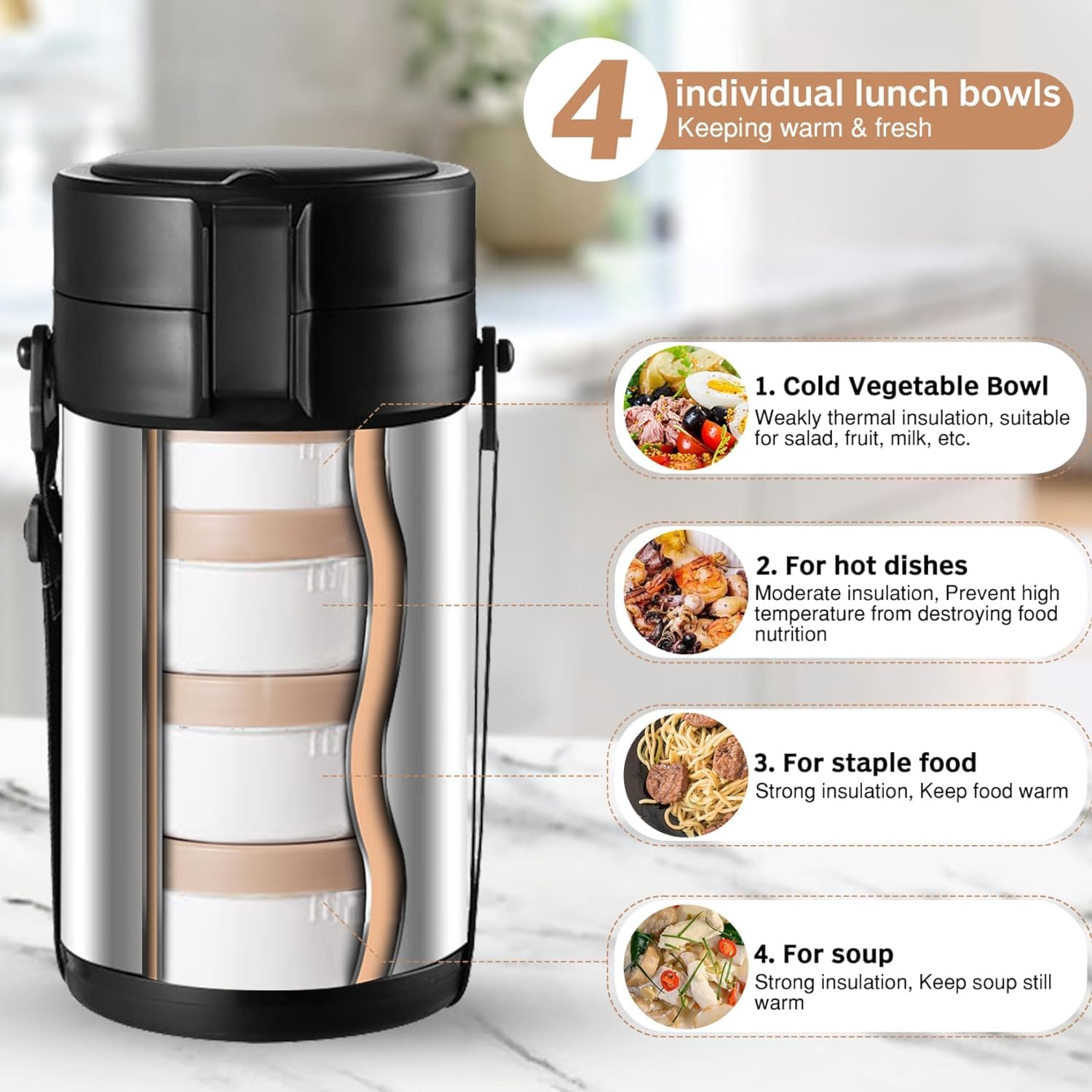 Termo para Comida Caliente, Acero Inoxidable 304 3l Apilable Tarro De Comida Aislado con 4 Niveles, TéRmico A Prueba De Fugas Fiambrera Bento, Contenedor De Sopa