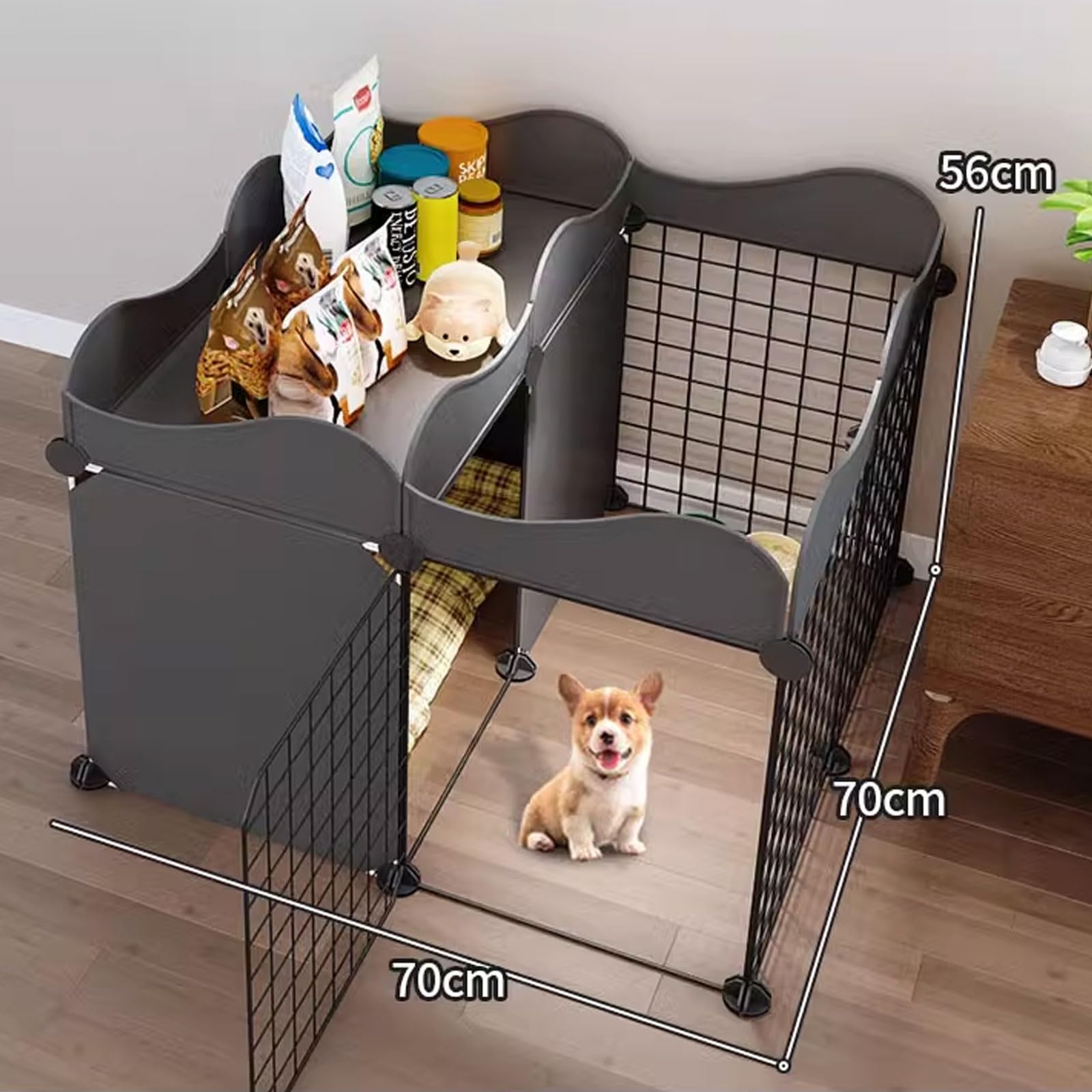 Recinto Portatile per Cani da Interno - Gabbia 2-in-1 con Ripiano Superiore, Griglia in Ferro e Base in Plastica Stampata (Altezza 56cm, 5 Dimensioni)(70 * 70 * 56cm)