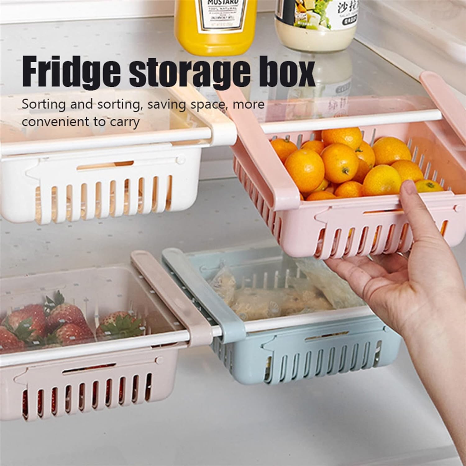 2pcs Fruit Eggs Container for Refrigerator, Plastic Fridge Organizer Slide Under Shelf Drawer Box Rack Holder Refrigerator Drawer (Color : Beige)